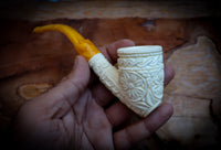 Floral Patterned Meerschaum, Special Handmade Poker Meerschaum Pipe With Leather Box-Astaş Meerschaum