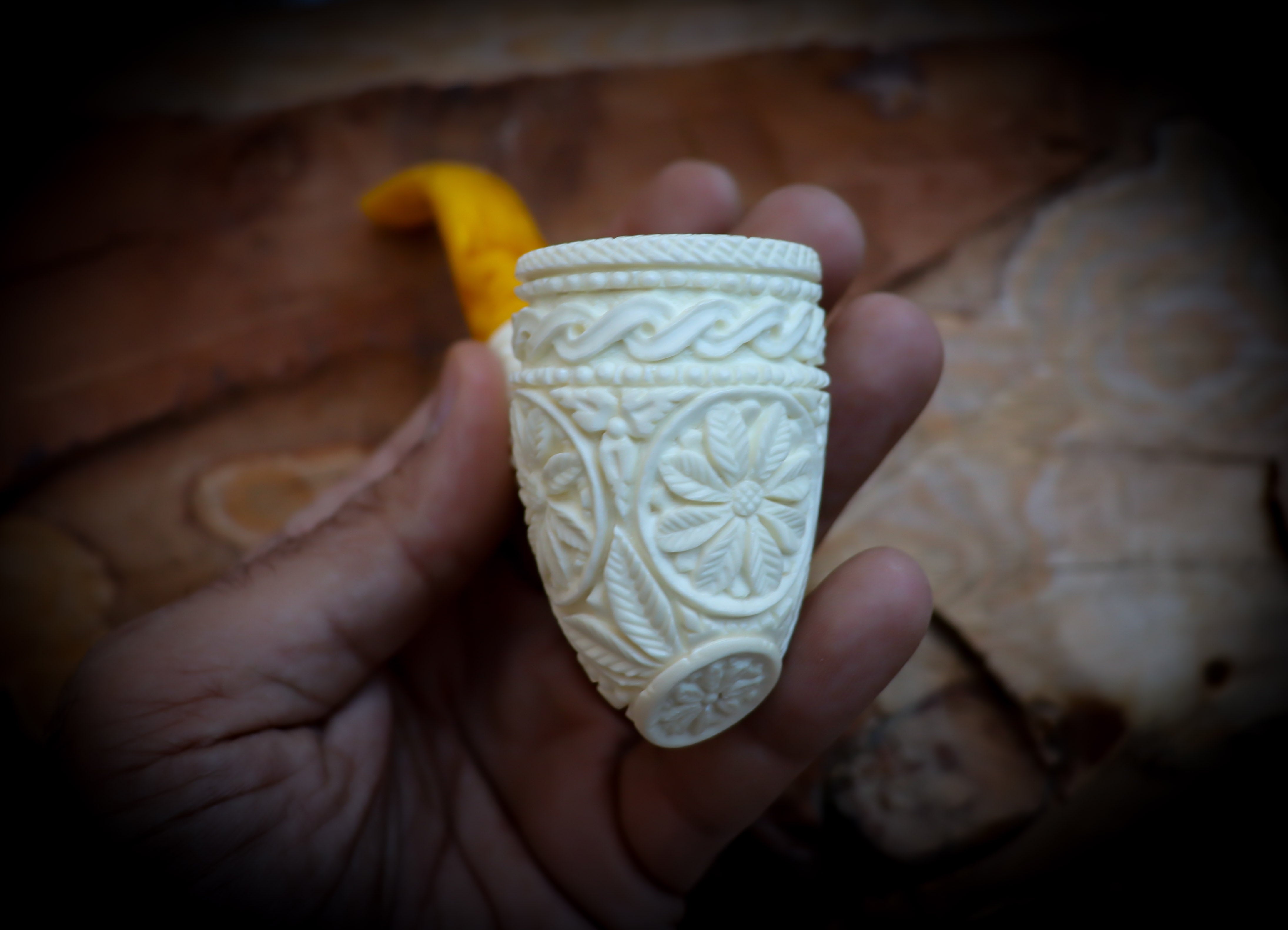 Floral Patterned Meerschaum, Special Handmade Poker Meerschaum Pipe With Leather Box-Astaş Meerschaum