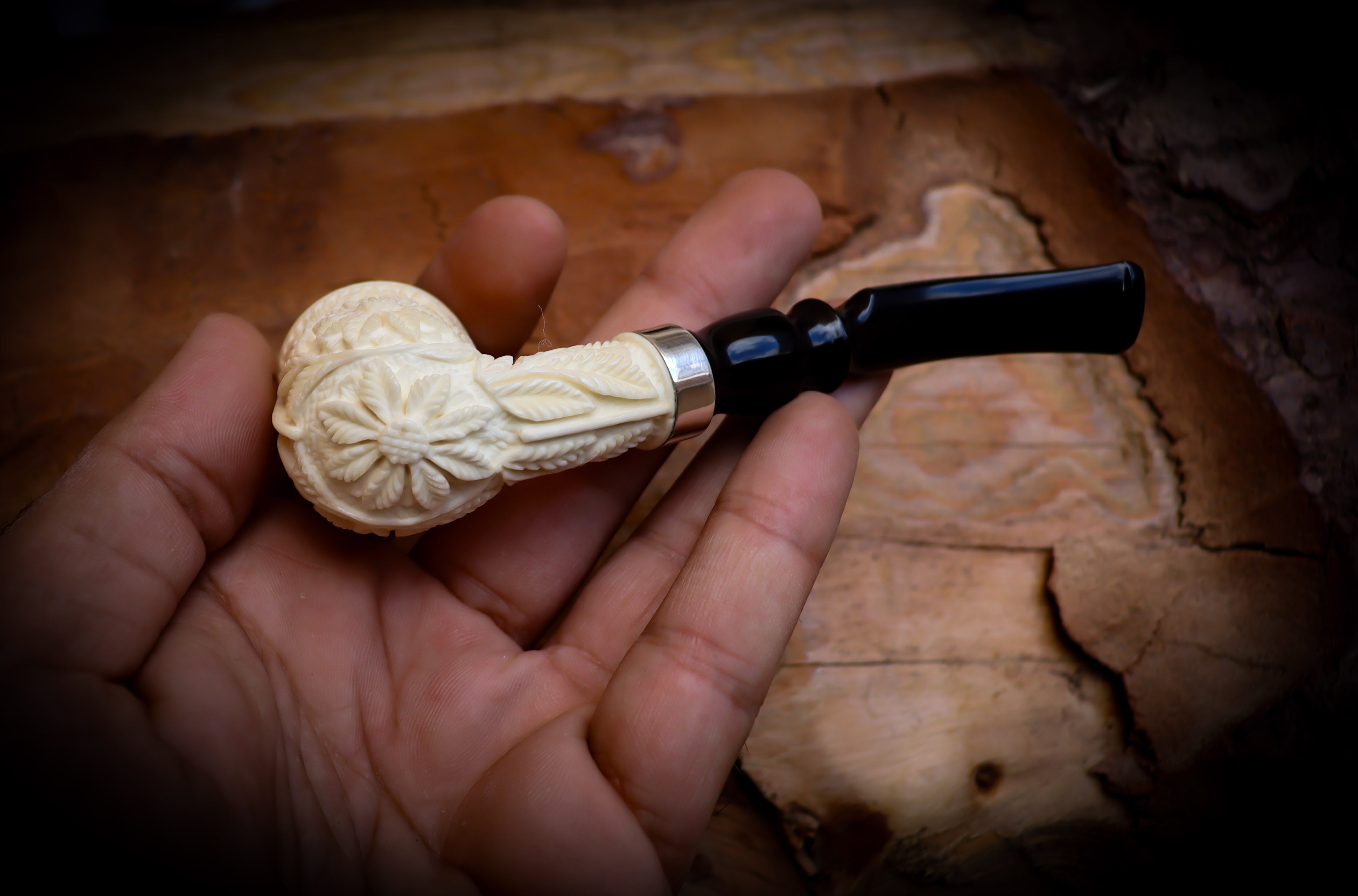 Floral Patterned Meerschaum, Special Handmade Block Meerschaum Pipe With Leather Box-Astaş Meerschaum