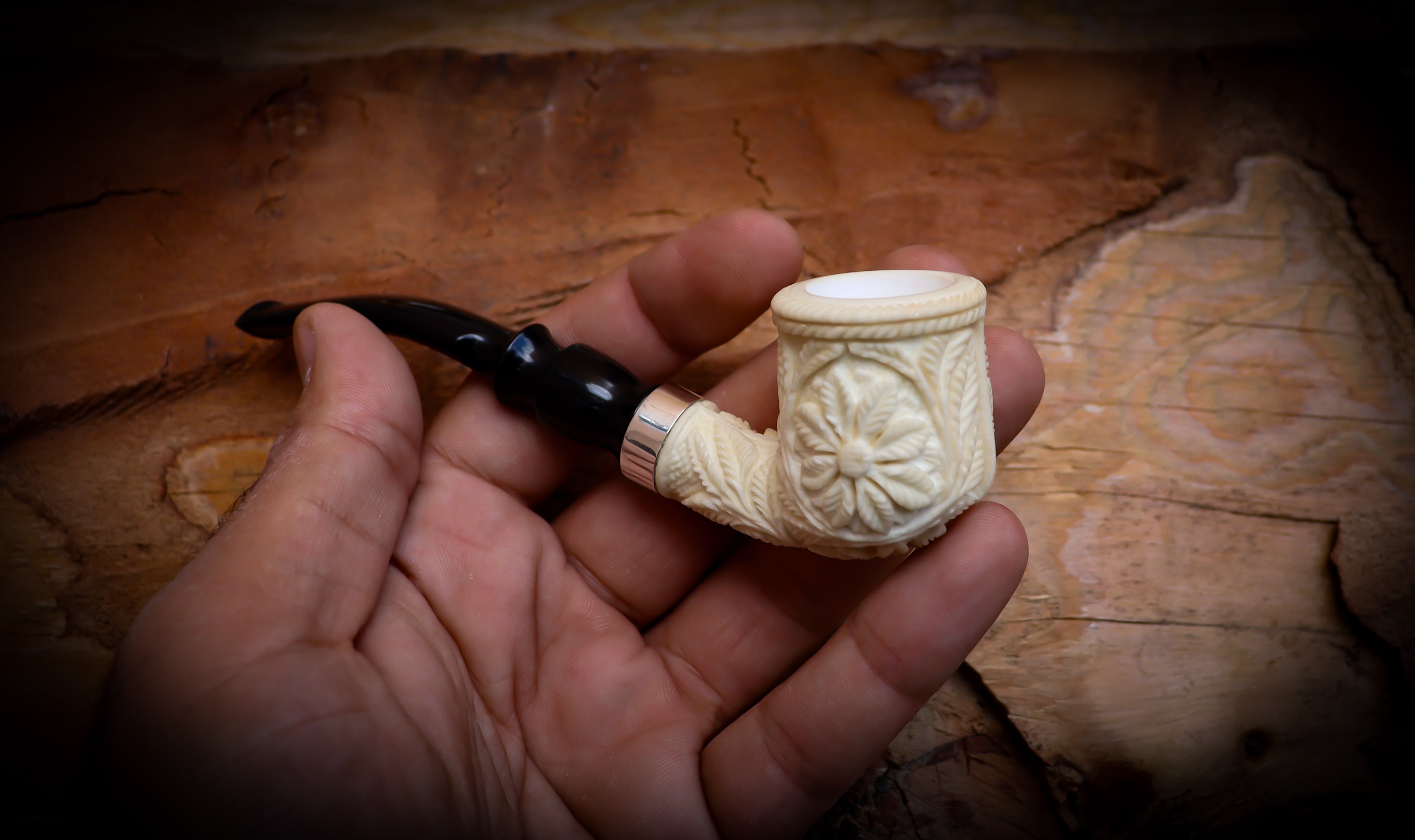 Floral Patterned Meerschaum, Special Handmade Block Meerschaum Pipe With Leather Box-Astaş Meerschaum