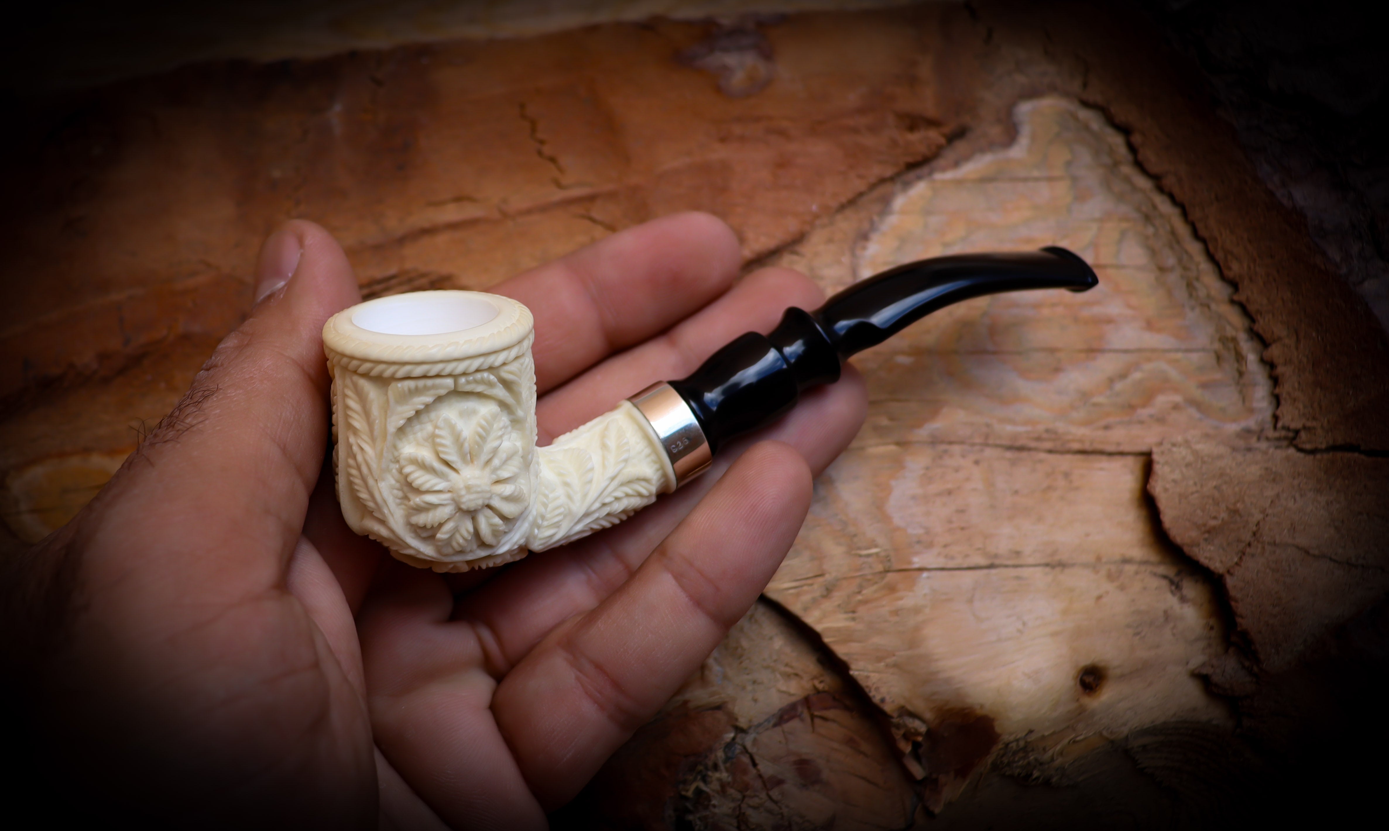 Floral Patterned Meerschaum, Special Handmade Block Meerschaum Pipe With Leather Box-Astaş Meerschaum