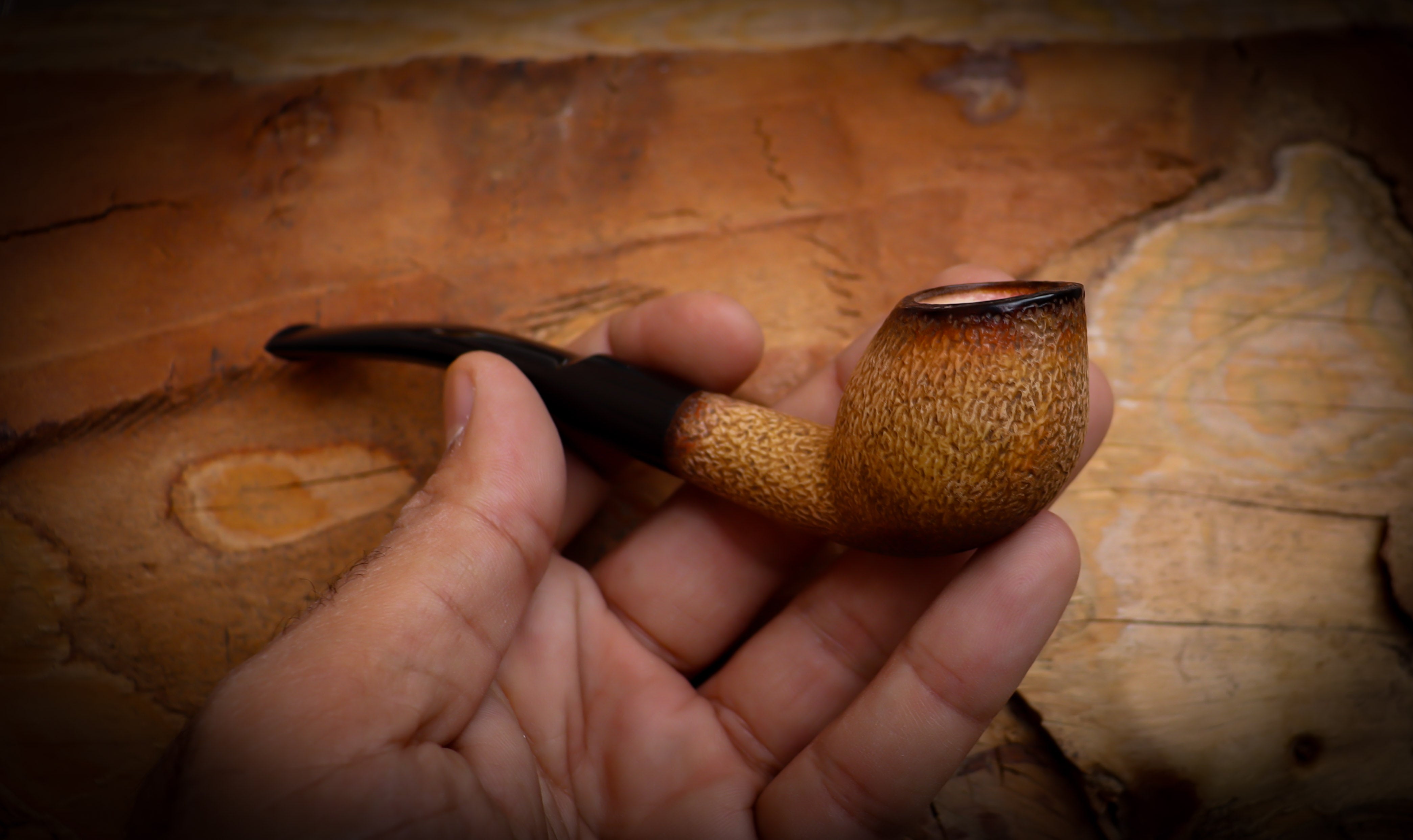 Rusticated Bent Billiard  Block Meerschaum Pipe With Leather Case - Astaş Meerschaum