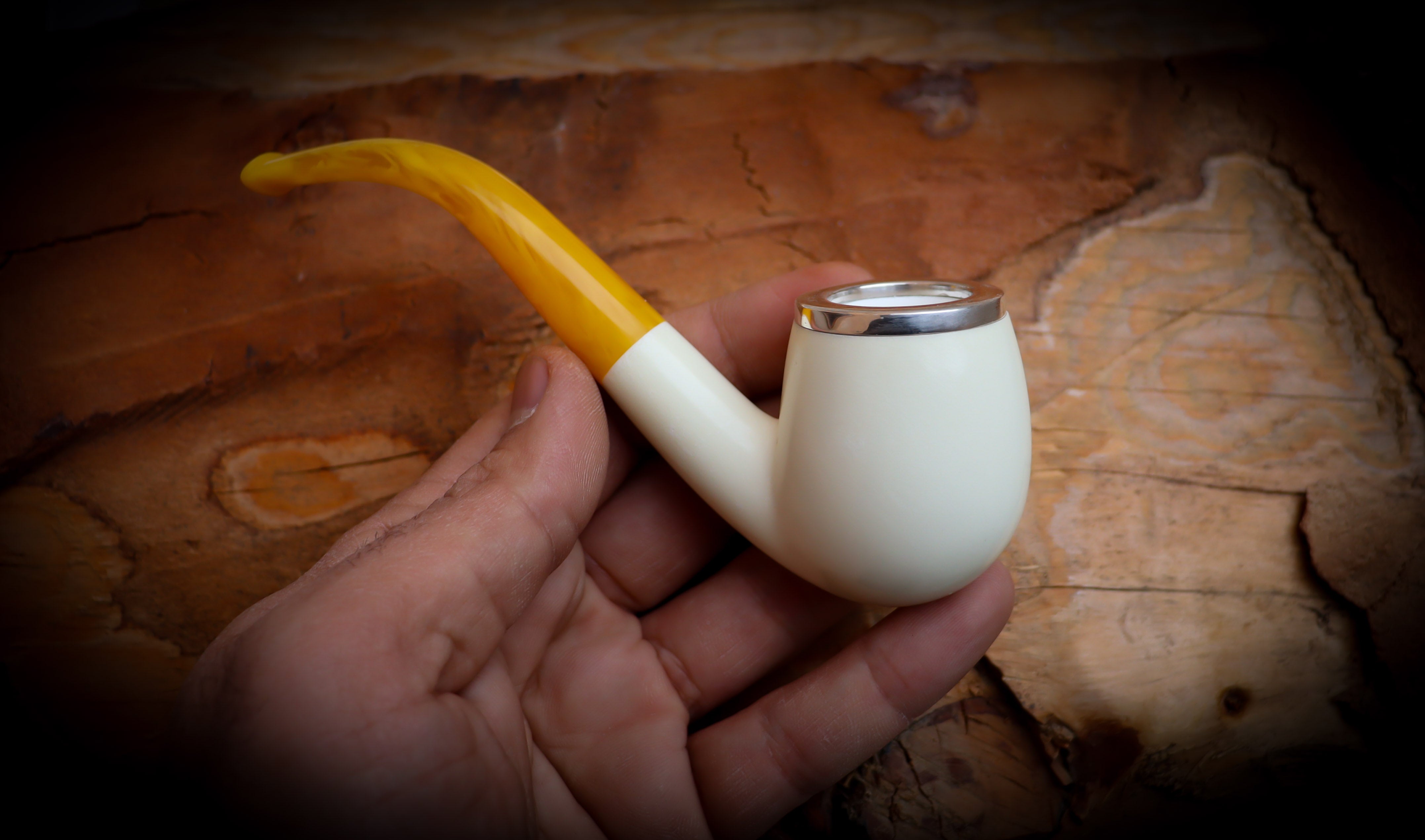 Silver Smooth Special Handmade Bent Block Meerschaum Pipe With Leather Case- Astaş Meerschaum