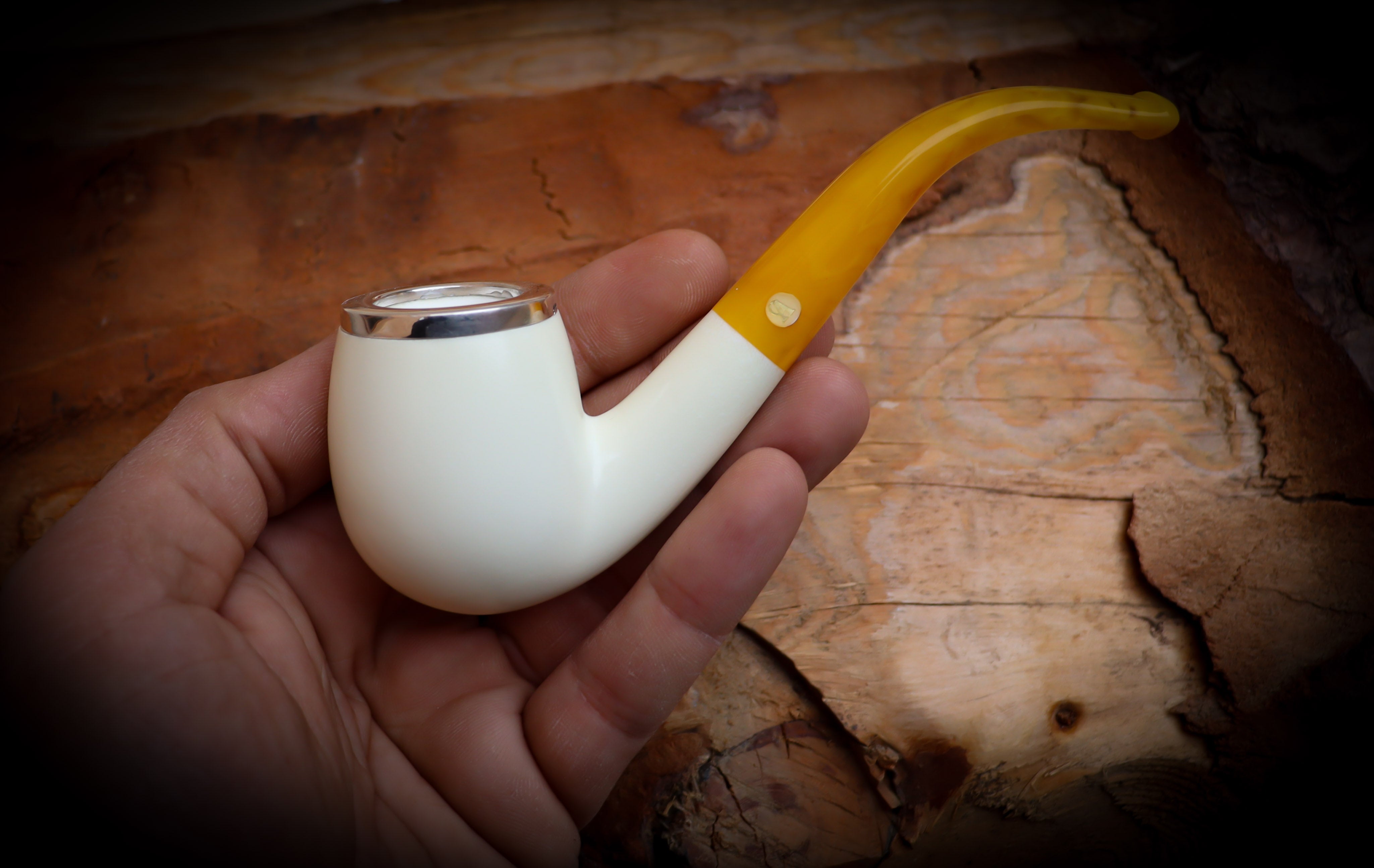 Silver Smooth Special Handmade Bent Block Meerschaum Pipe With Leather Case- Astaş Meerschaum