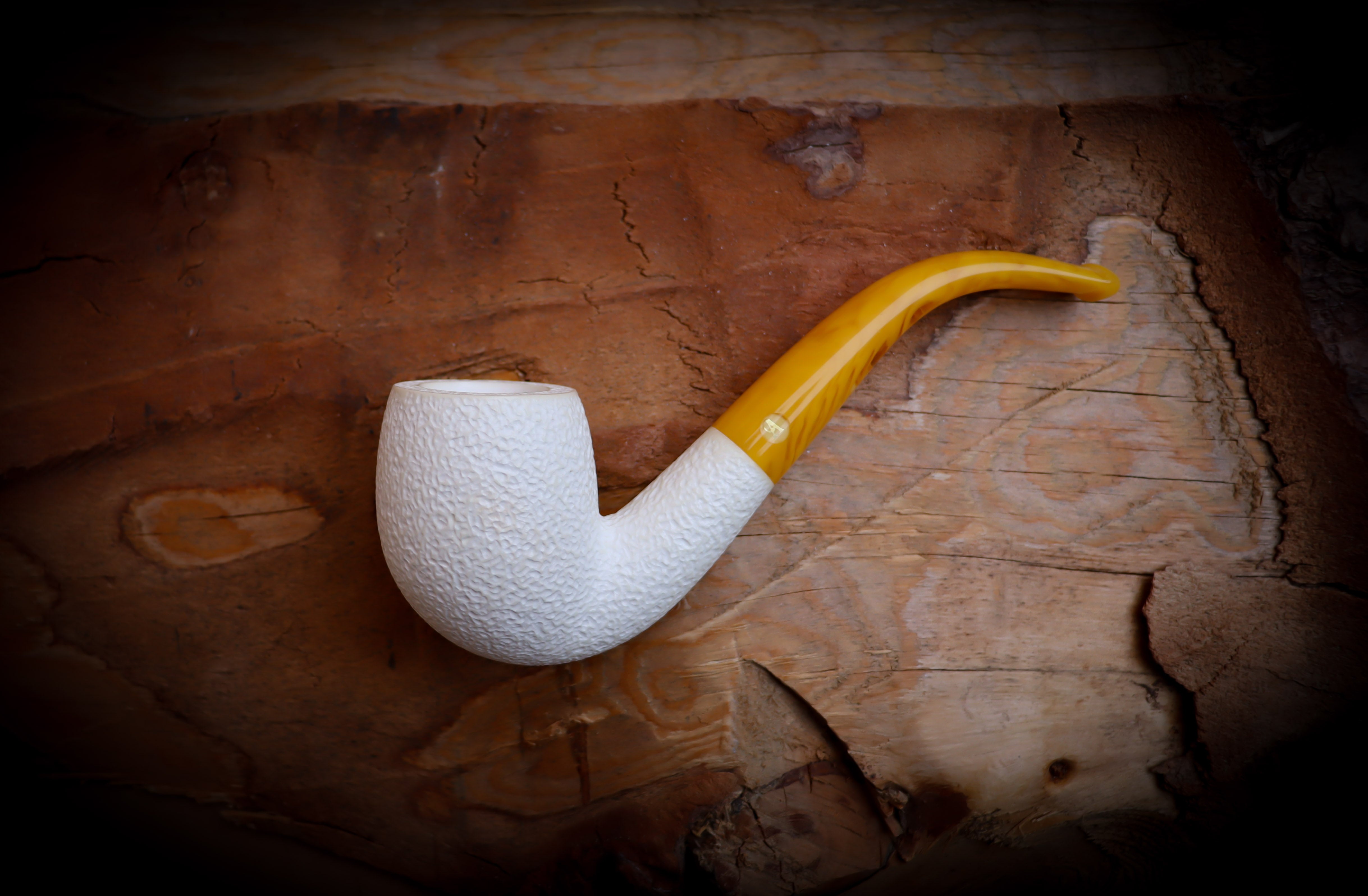 9MM Meerschaum, Rustic Patterned Special Handmade Half Bent Block Meerschaum Pipe With Leather Box- Astaş Meerschaum