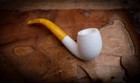 9MM Meerschaum, Rustic Patterned Special Handmade Half Bent Block Meerschaum Pipe With Leather Box- Astaş Meerschaum