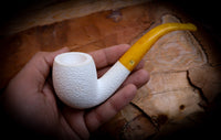 9MM Meerschaum, Rustic Patterned Special Handmade Half Bent Block Meerschaum Pipe With Leather Box- Astaş Meerschaum