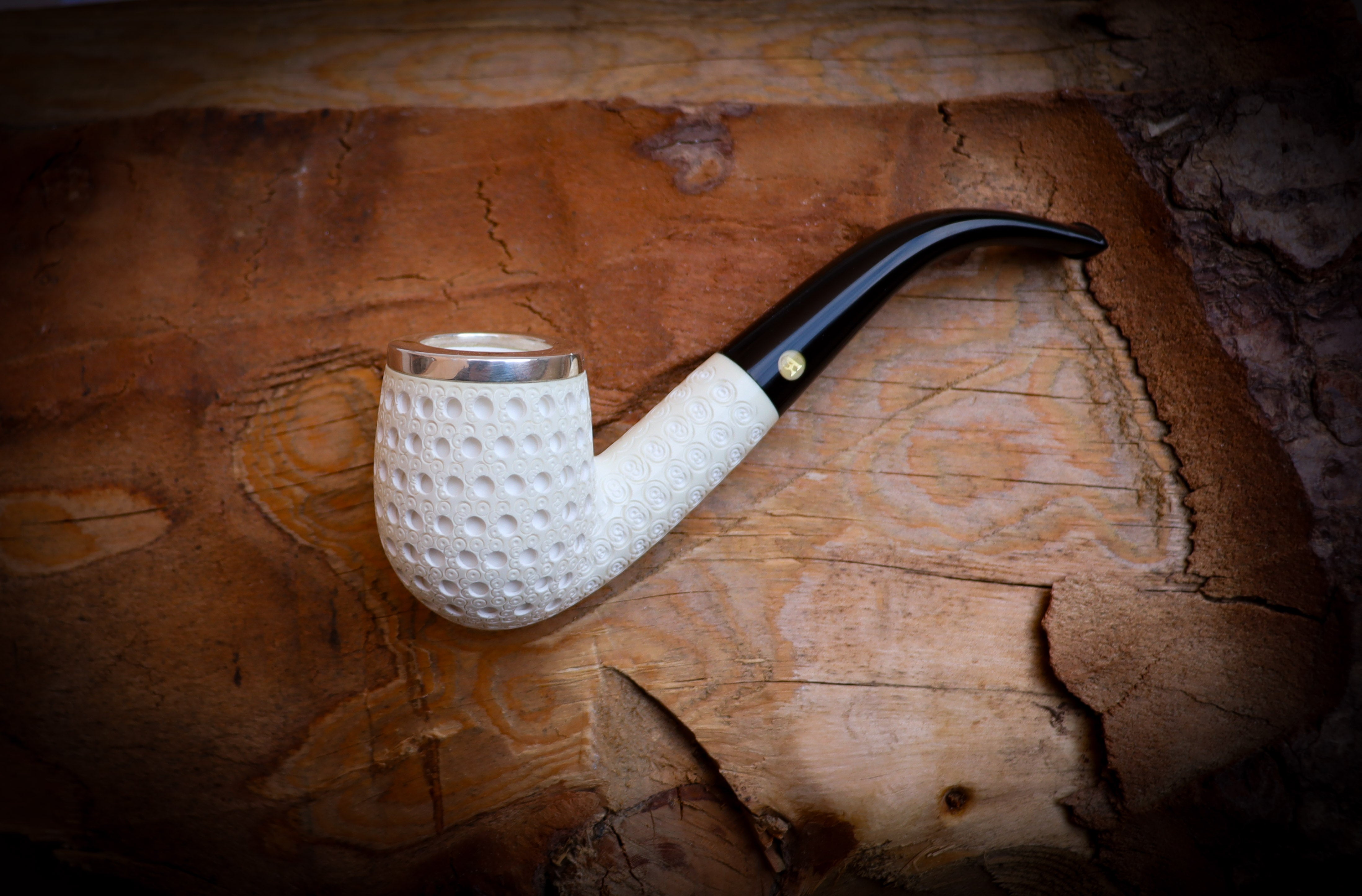 9MM Meerschaum, Silver Embriodered Special Handmade Bent Block Meerschaum Pipe With Leather Box- Astaş Meerschaum