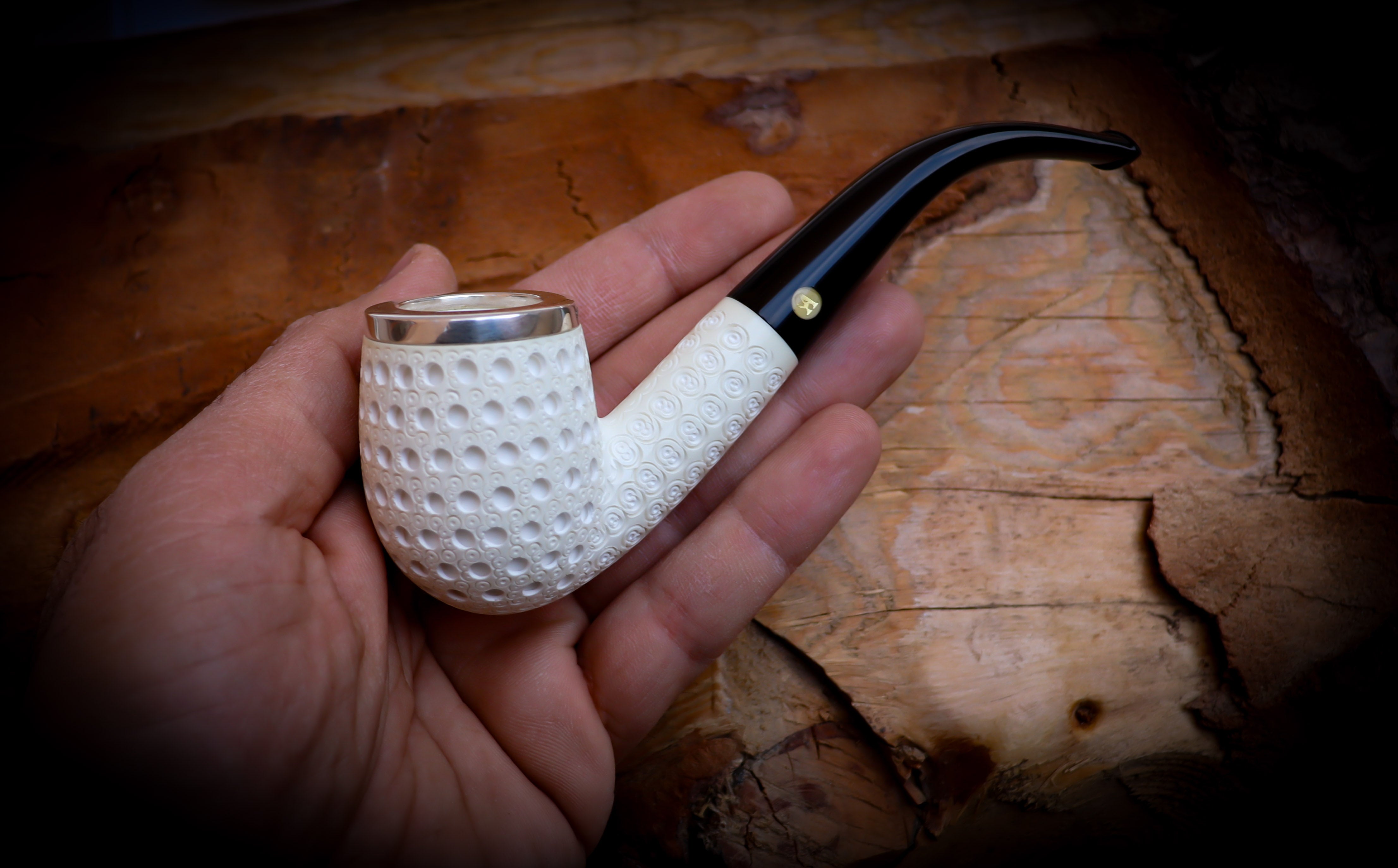 9MM Meerschaum, Silver Embriodered Special Handmade Bent Block Meerschaum Pipe With Leather Box- Astaş Meerschaum