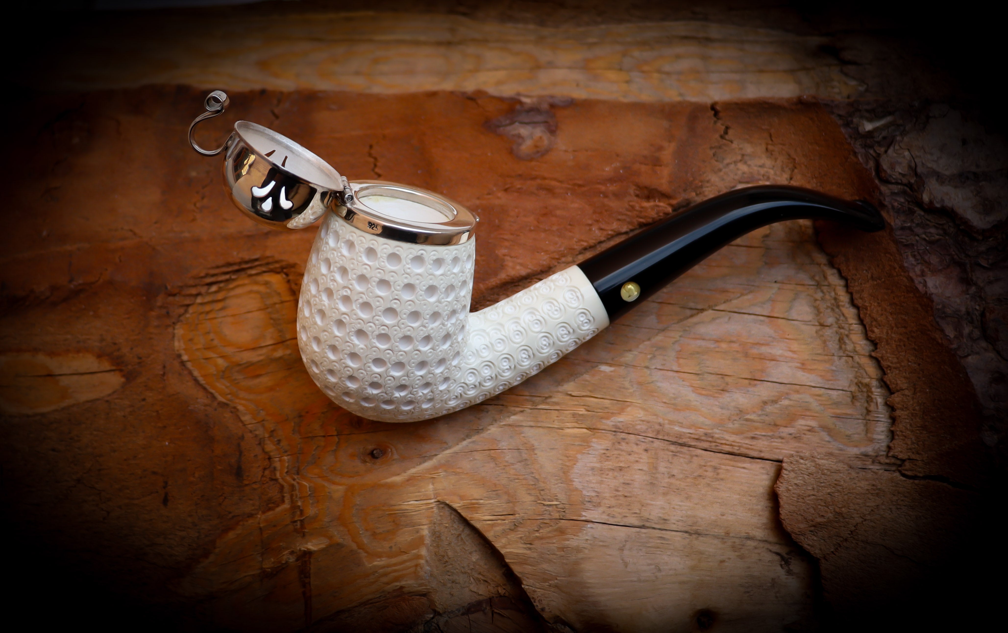 9MM Filtered Silver Cover Embriodered Special Handmade Half Bent Block Meerschaum Pipe With Leather Box-Astaş Meerschaum