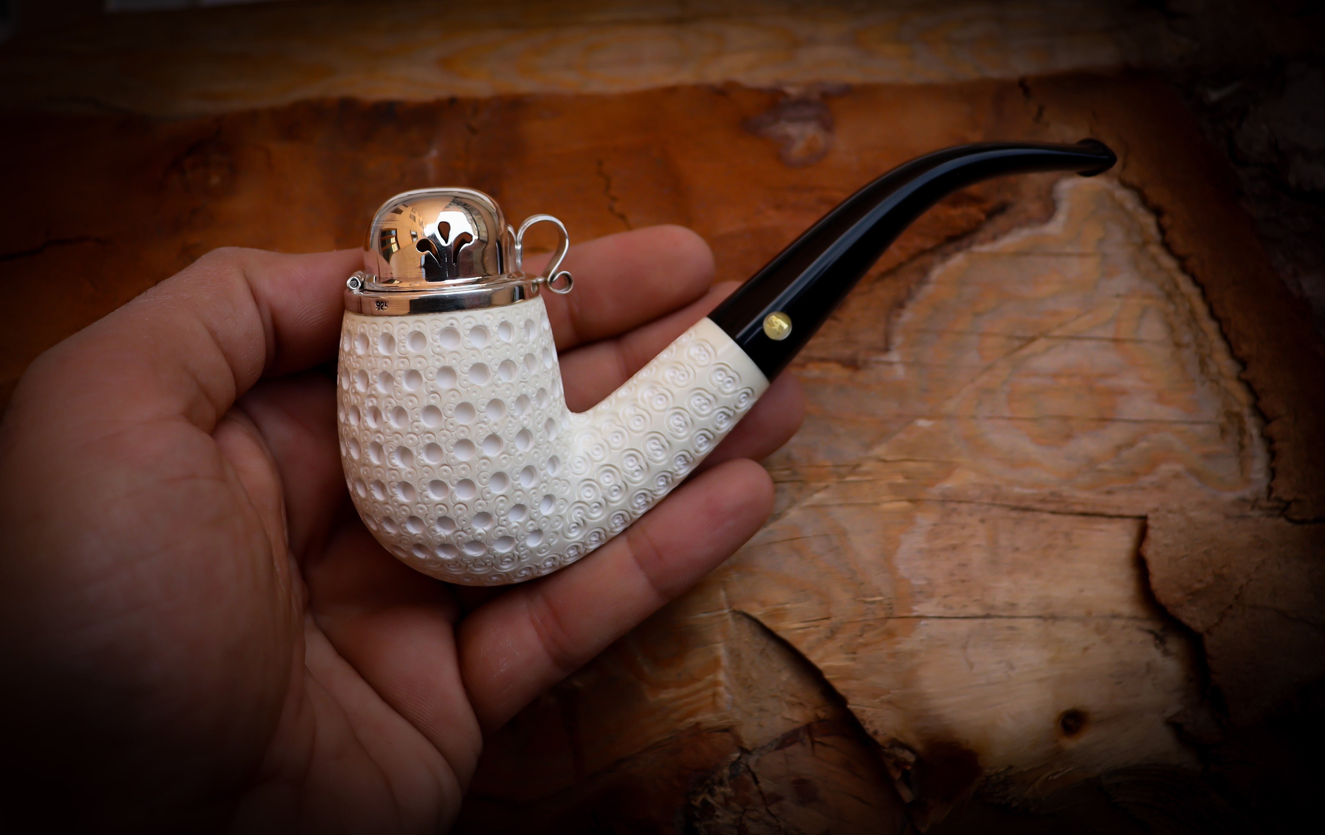 9MM Filtered Silver Cover Embriodered Special Handmade Half Bent Block Meerschaum Pipe With Leather Box-Astaş Meerschaum