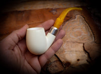 Translucent A+++,9MM Filtered Silver Spigot Smooth Special Handmade Bent Apple Block Meerschaum Pipe With Leather Box-Astaş Meerschaum