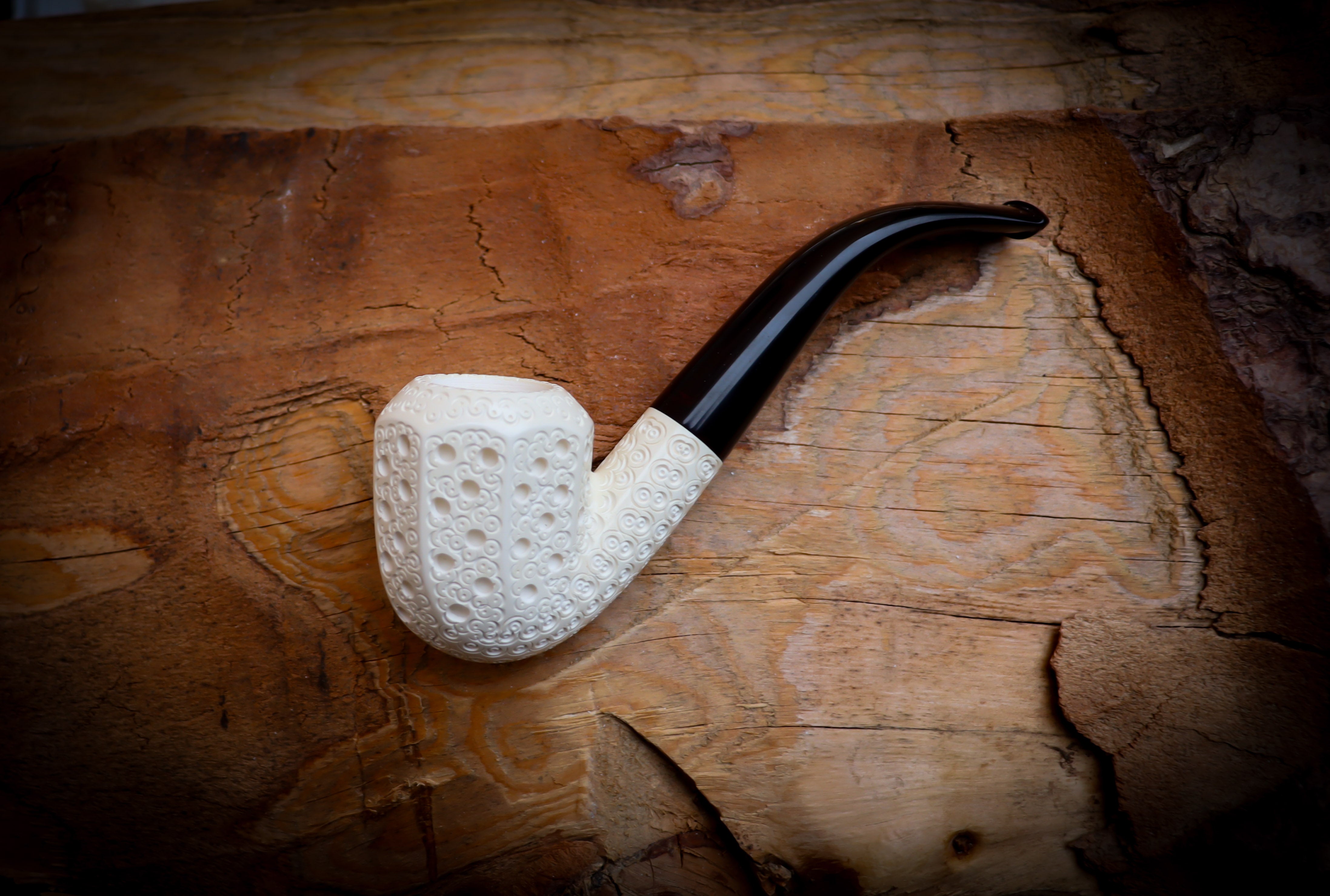 Embriodered Special Handmade Panel Block Meerschaum Pipe With Leather Case- Astaş Meerschaum