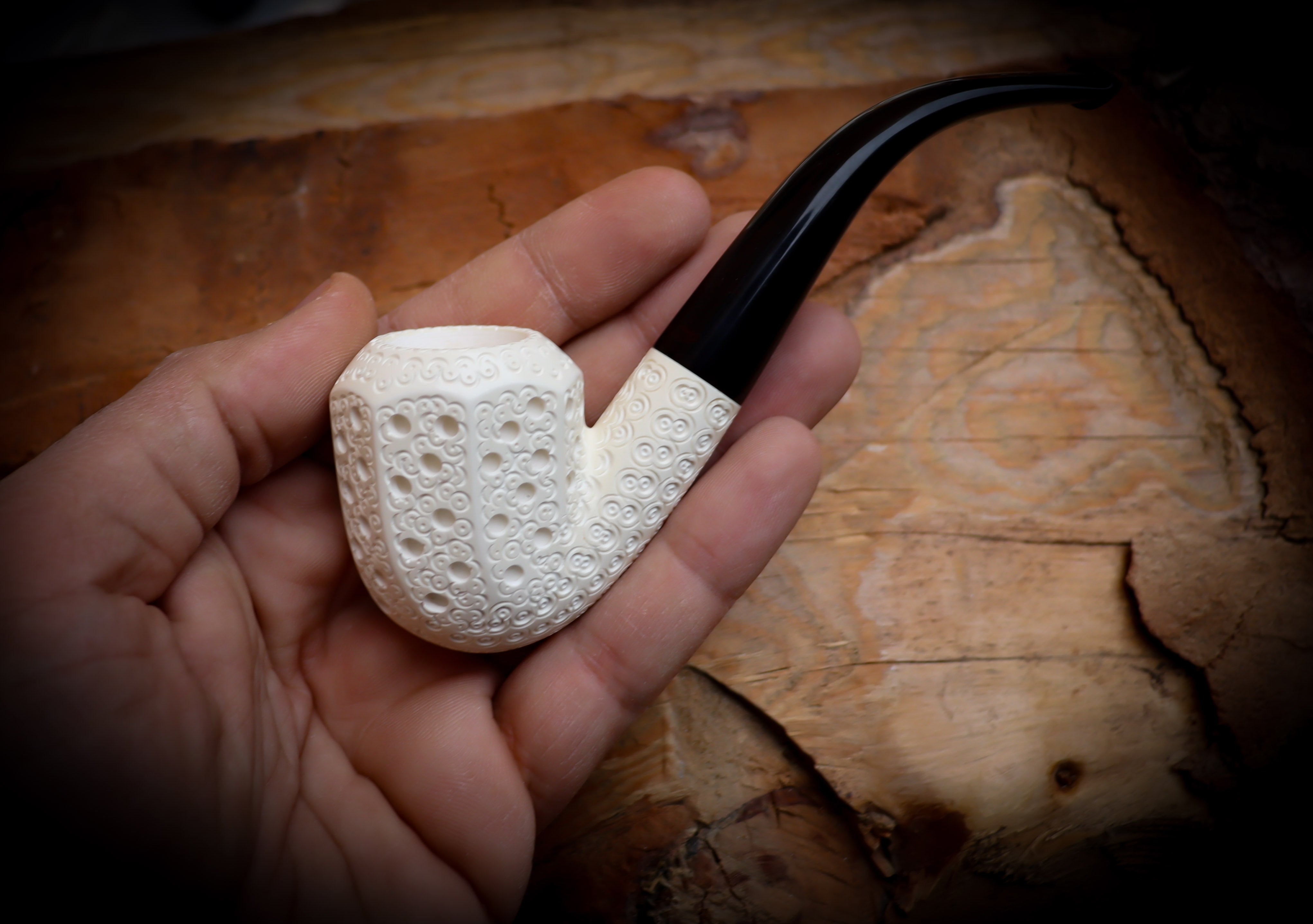 Embriodered Special Handmade Panel Block Meerschaum Pipe With Leather Case- Astaş Meerschaum