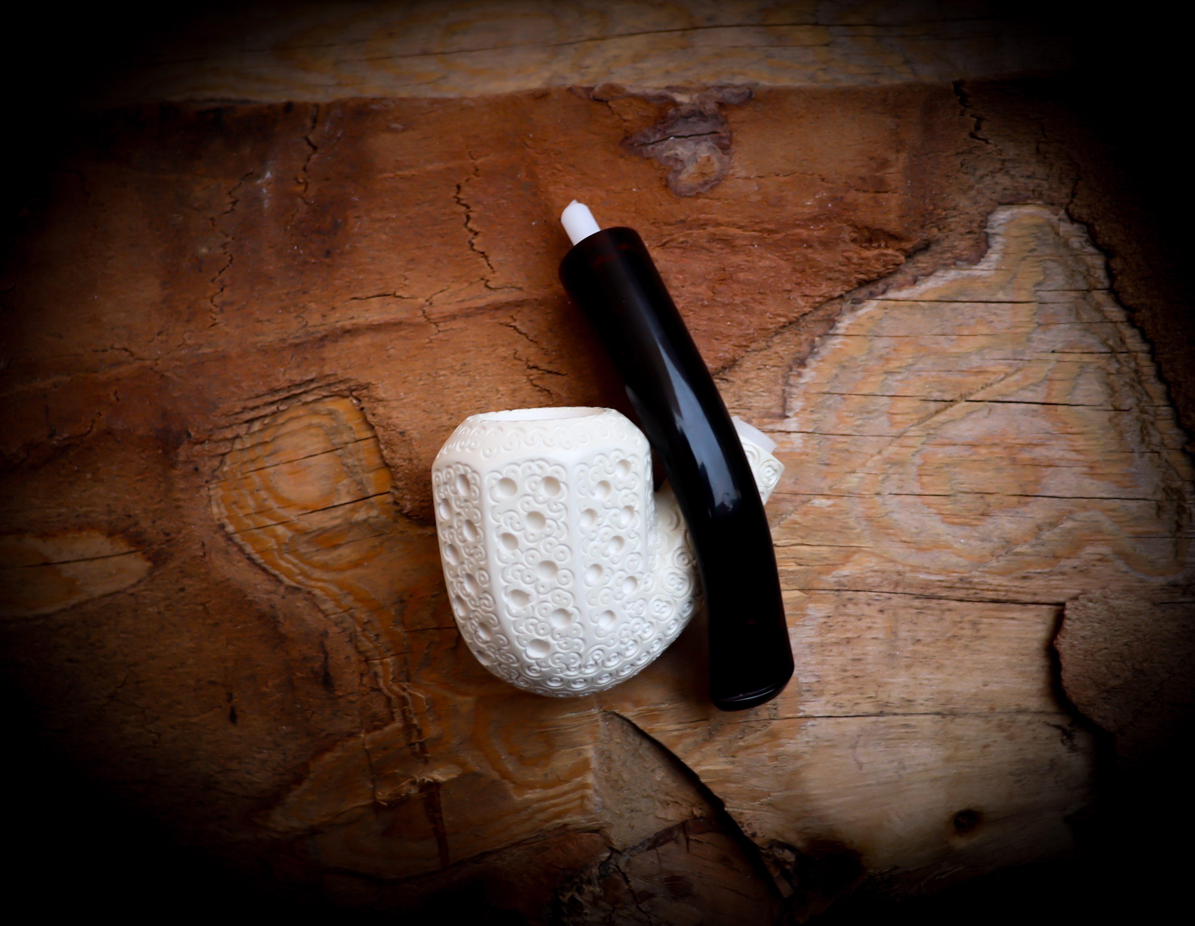 Embriodered Special Handmade Panel Block Meerschaum Pipe With Leather Case- Astaş Meerschaum