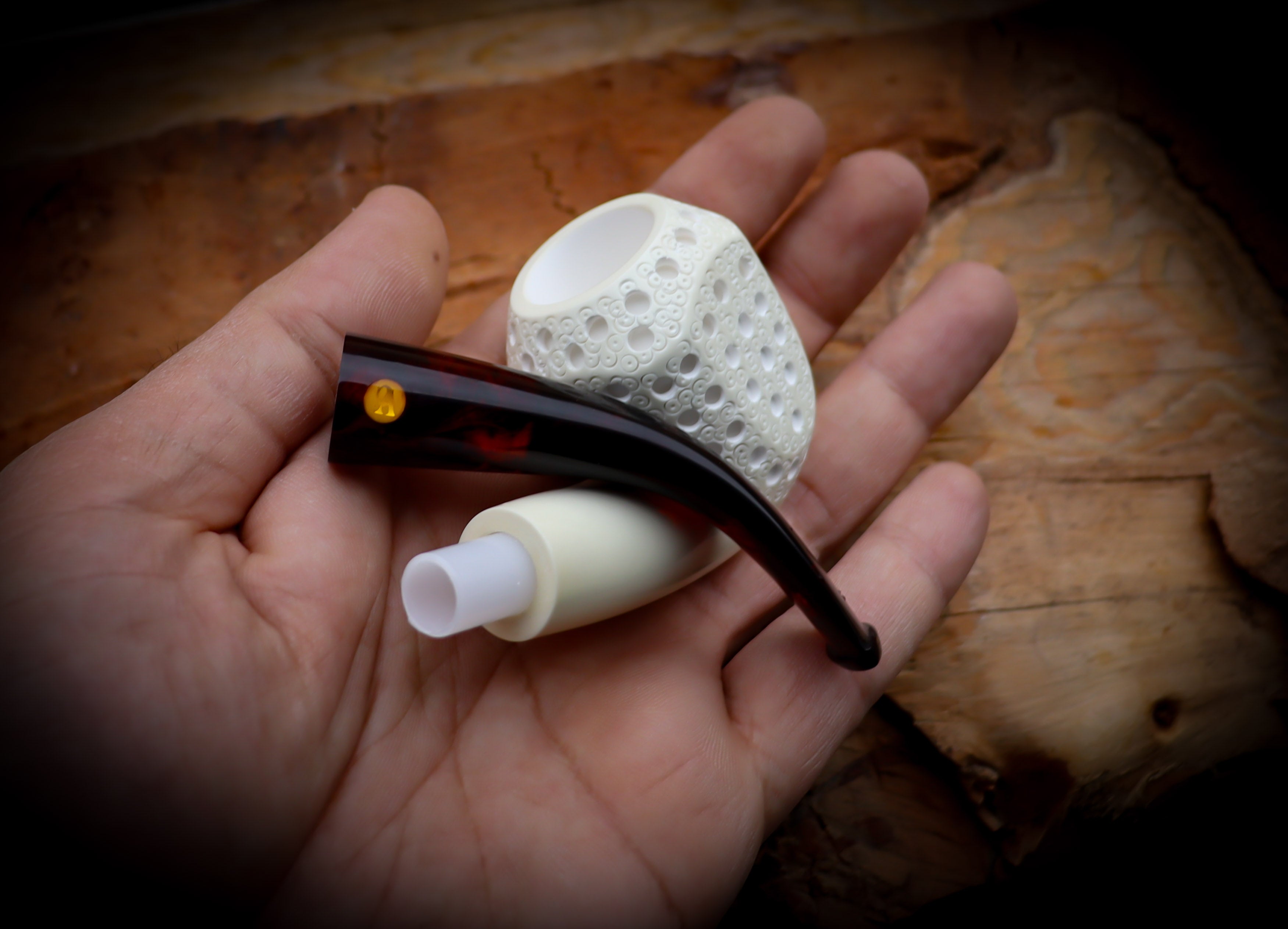 9MM Meerschaum, Embriodered Handmade Panel Premium Block Meerschaum Pipe With Leather Box-Astaş Meerschaum