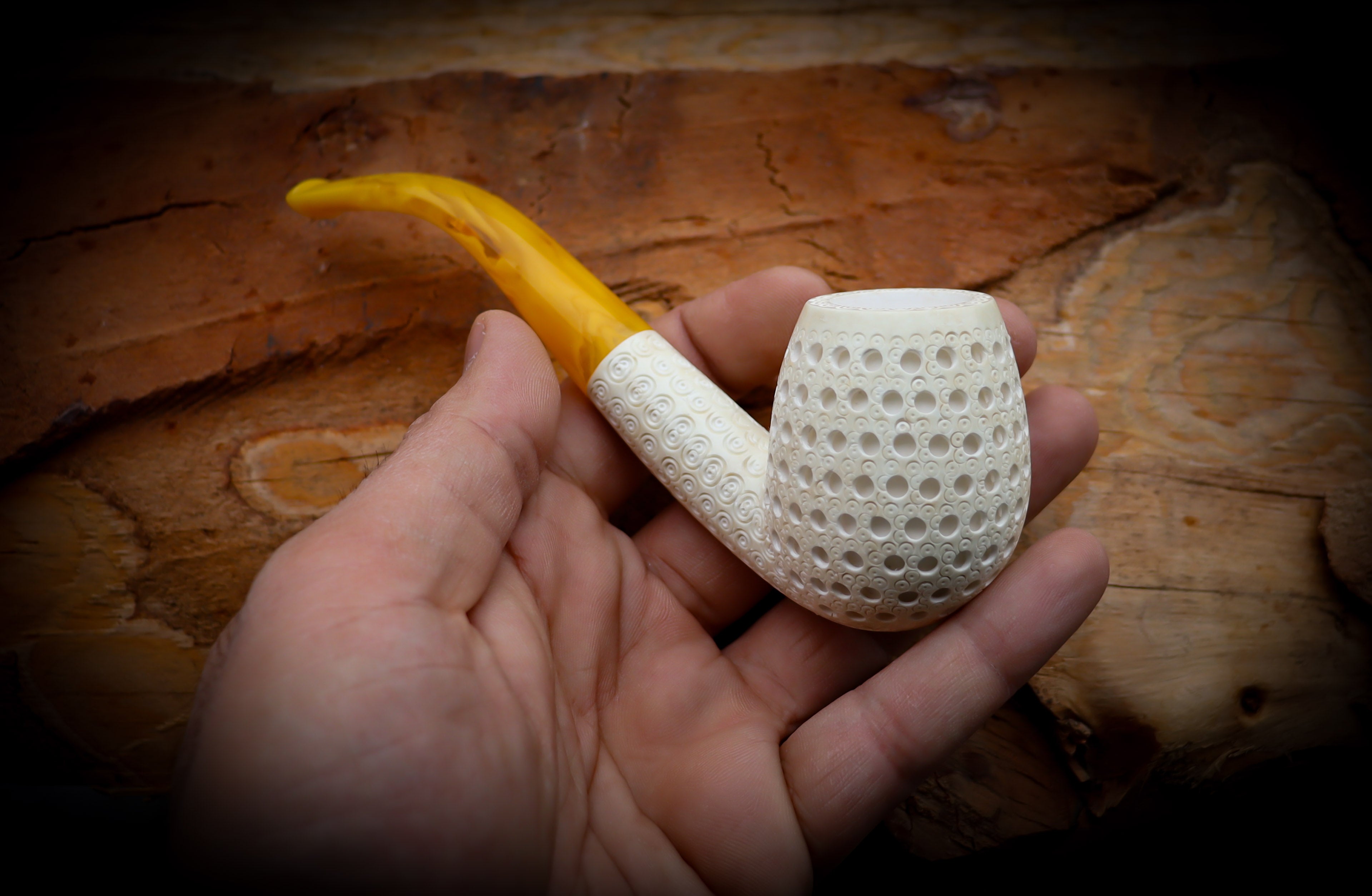 Embriodered Handmade Apple Premium Block Meerschaum Pipe With Leather Box-Astaş Meerschaum
