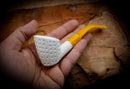 Embriodered Special Handmade Panel Premium Block Meerschaum Pipe With Leather Case-Astaş Meerschaum