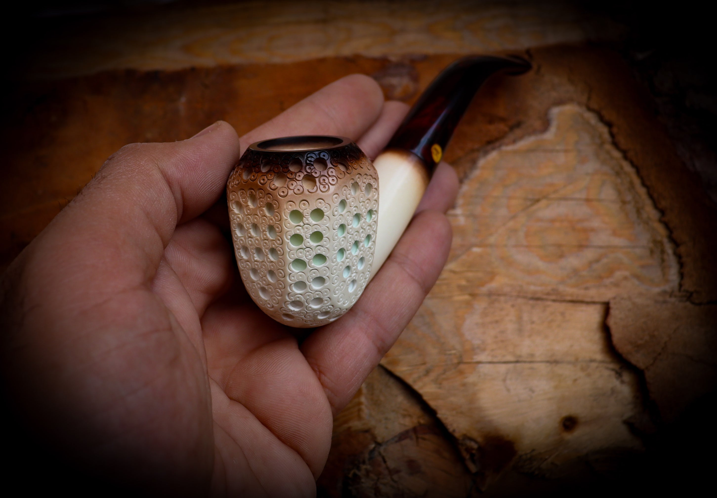 9MM Meerschaum,Calcined Embriodered Handmade Panel Premium Block Meerschaum Pipe With Leather Box-Astaş Meerschaum
