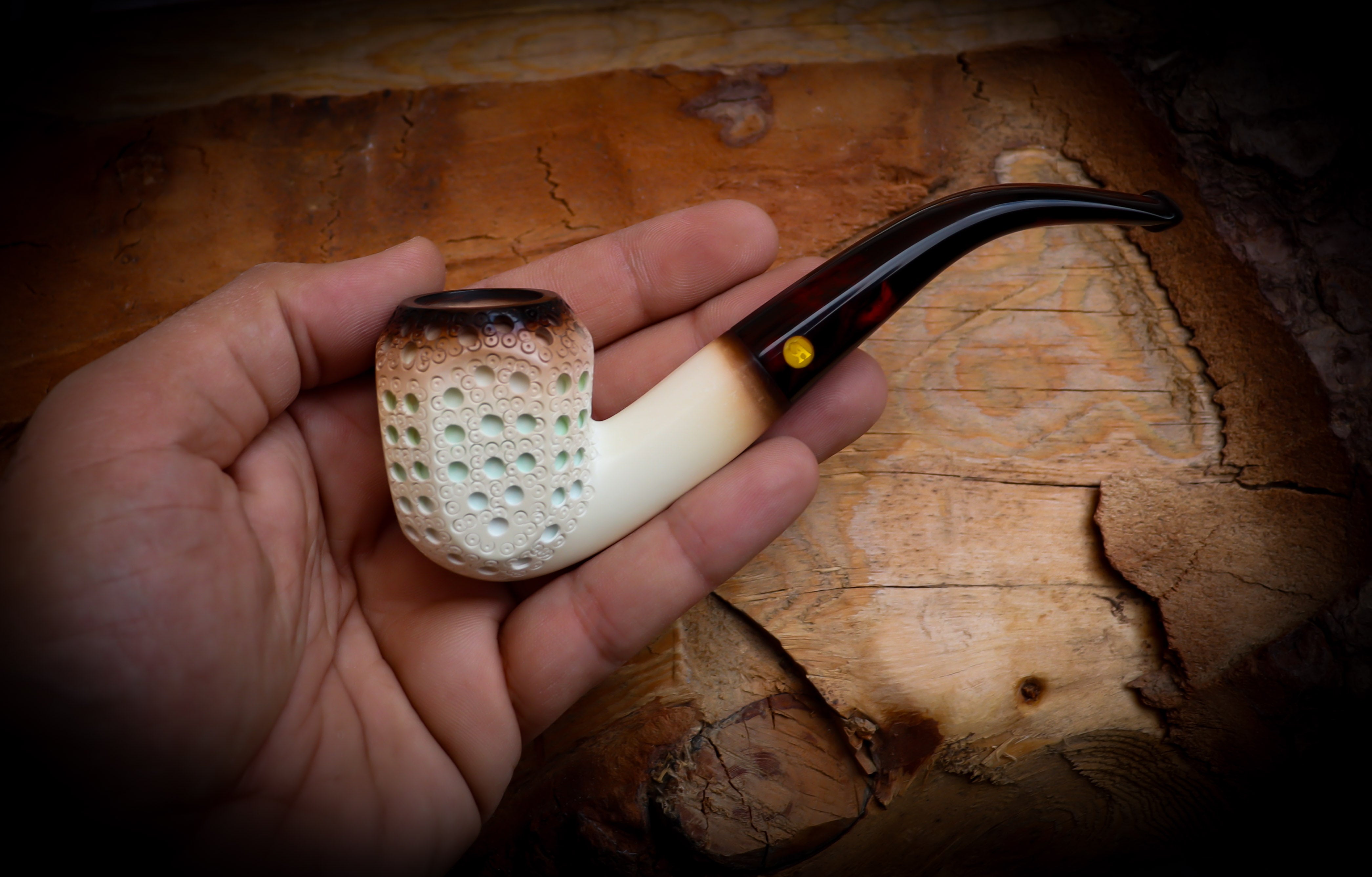 9MM Meerschaum,Calcined Embriodered Handmade Panel Premium Block Meerschaum Pipe With Leather Box-Astaş Meerschaum