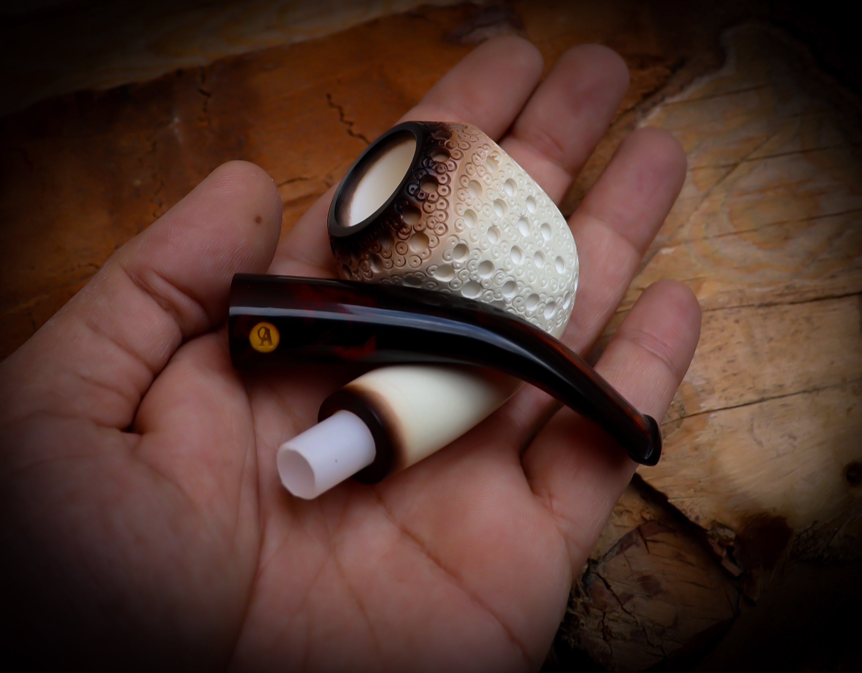 9MM Meerschaum,Calcined Embriodered Handmade Panel Premium Block Meerschaum Pipe With Leather Box-Astaş Meerschaum