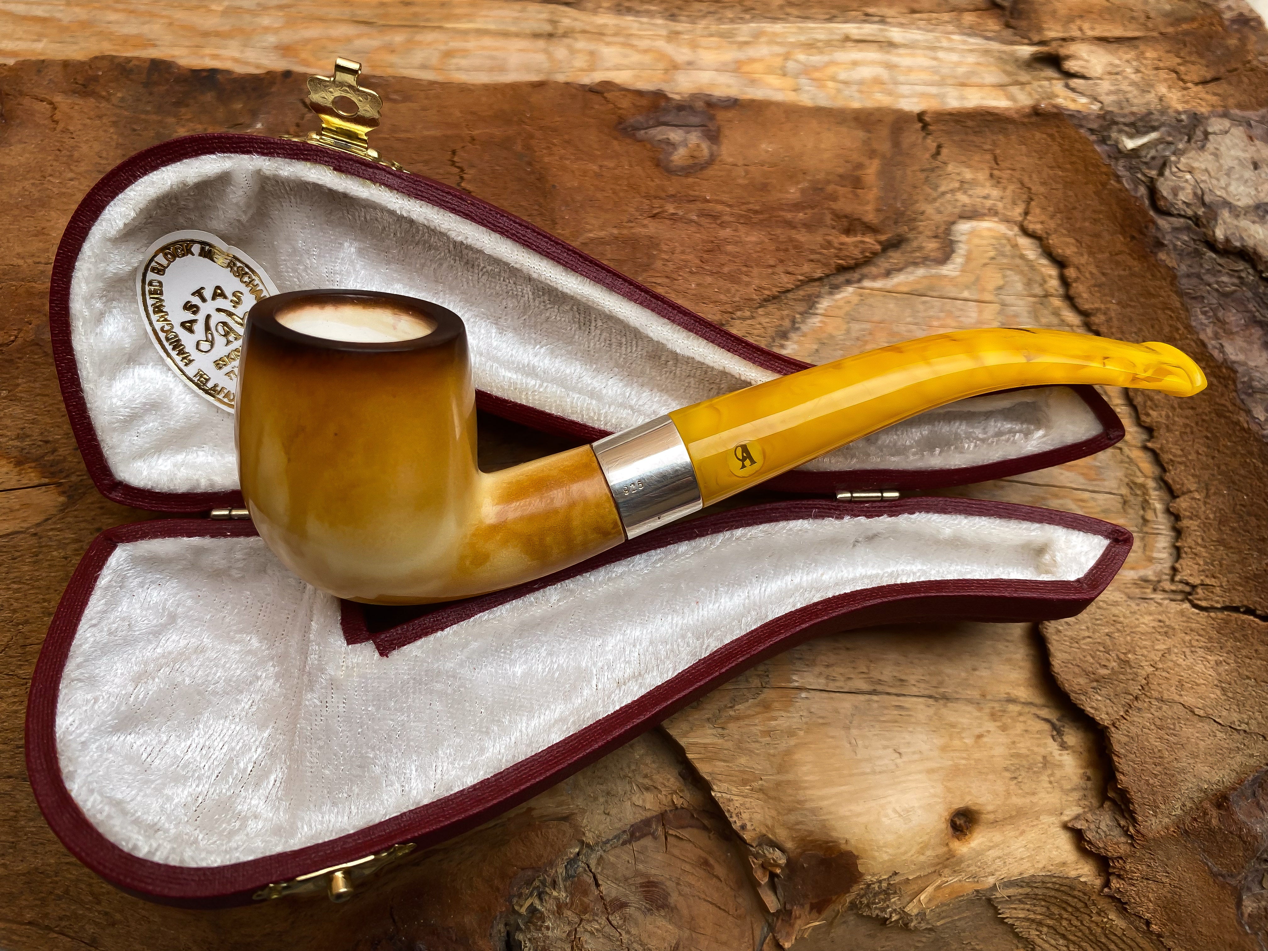 Hand Crafted Lee Van Cleef Block Meerschaum Pipe, Silver Ring, With Leather Case