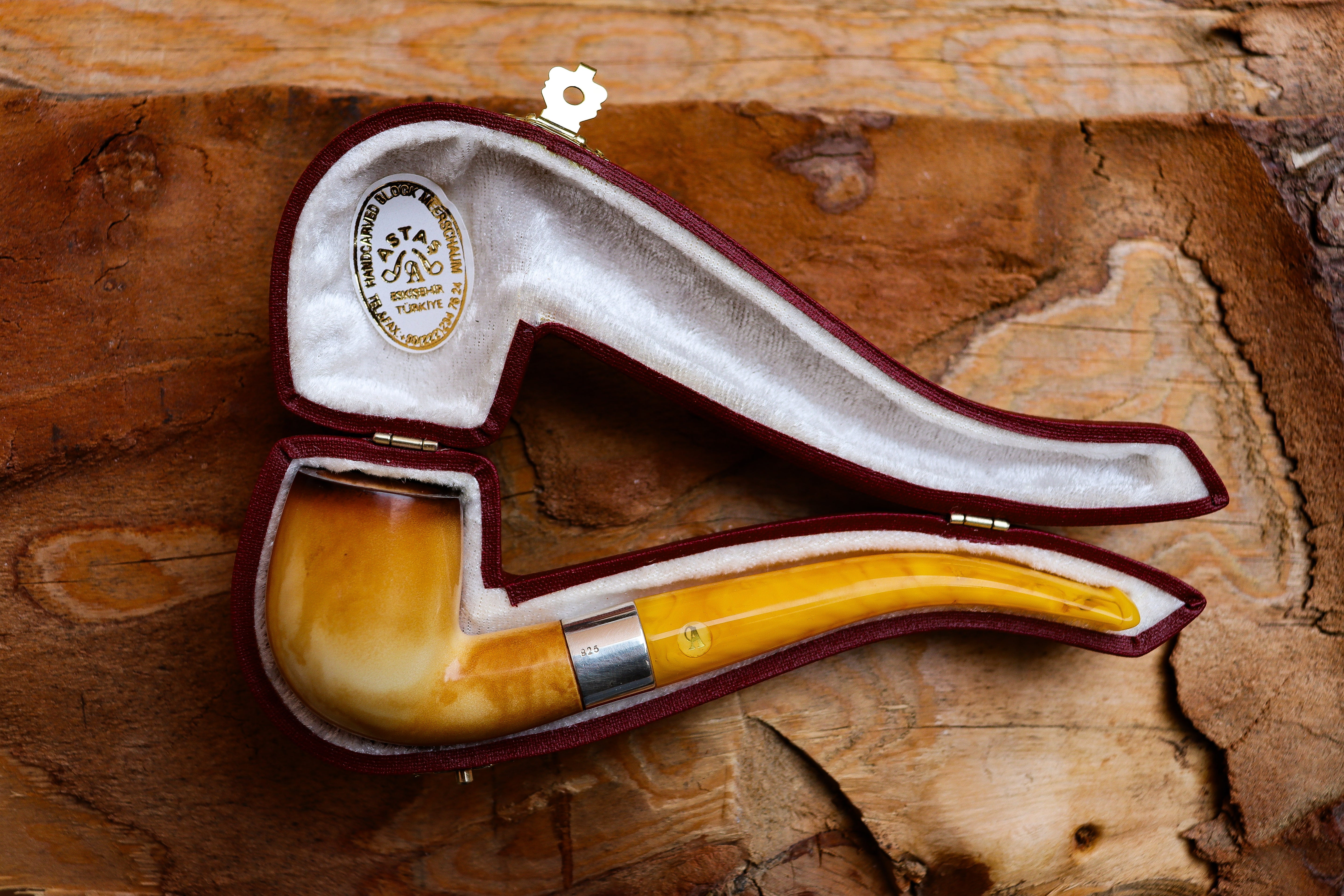 Hand Crafted Lee Van Cleef Block Meerschaum Pipe, Silver Ring, With Leather Case