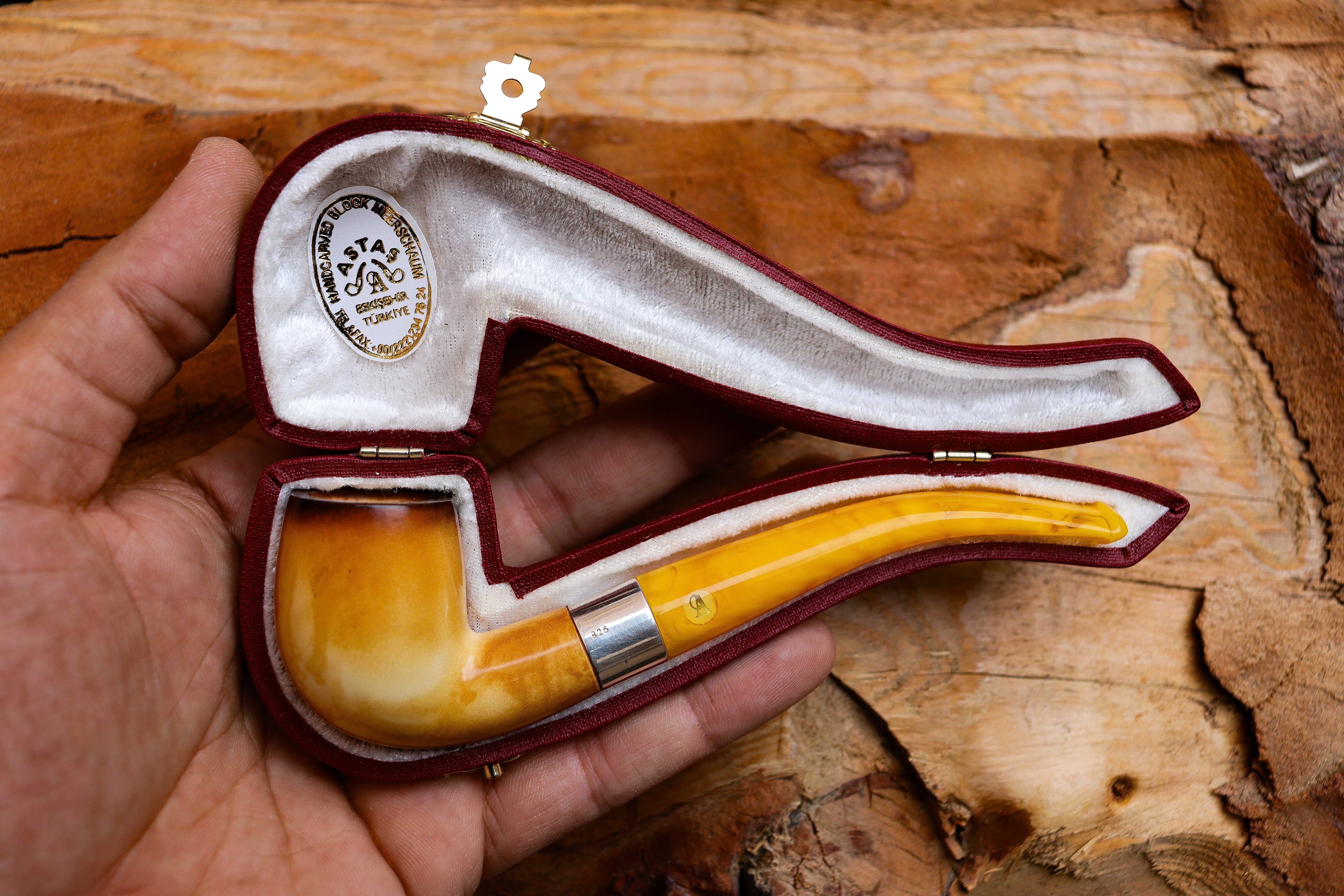 Hand Crafted Lee Van Cleef Block Meerschaum Pipe, Silver Ring, With Leather Case