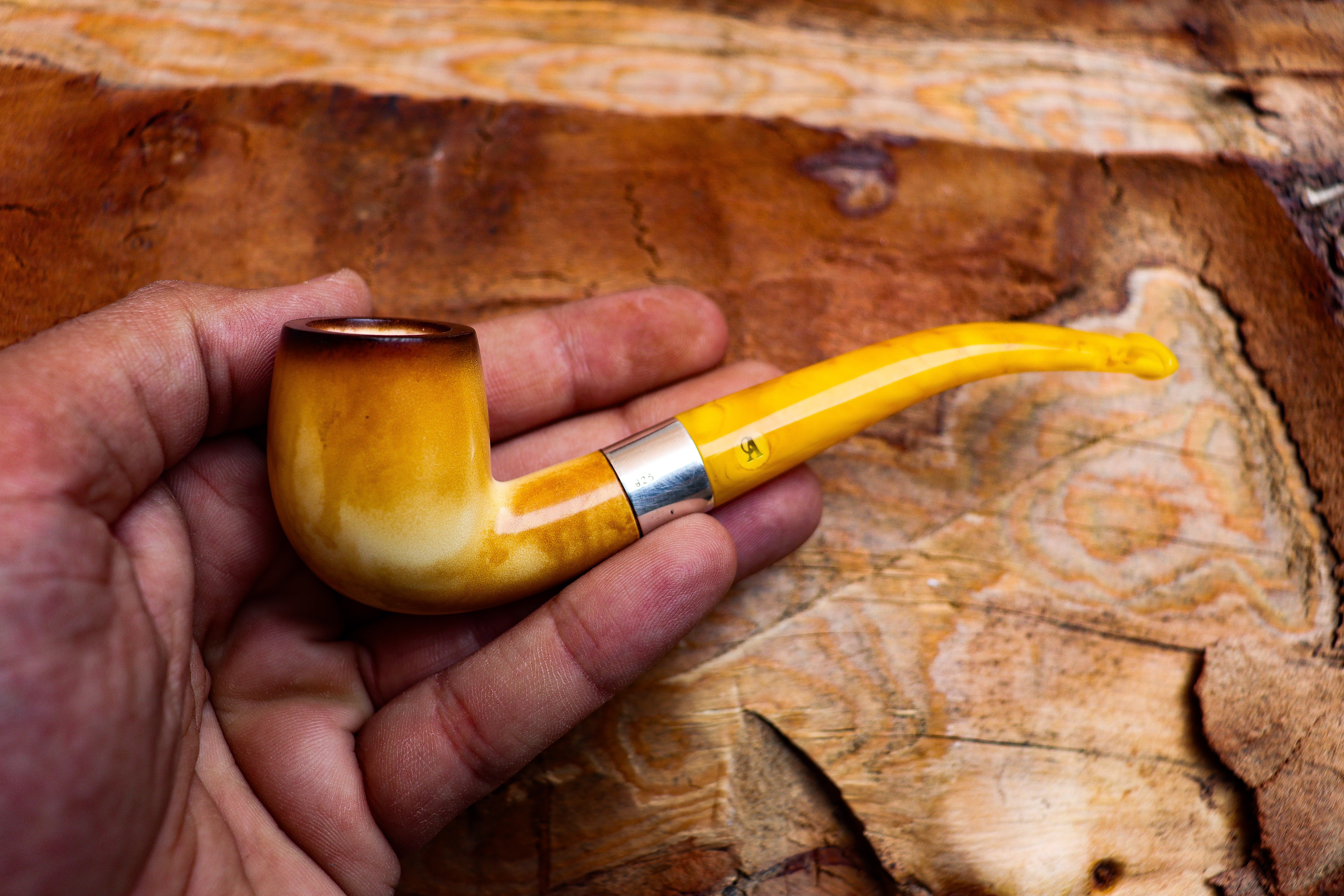 Hand Crafted Lee Van Cleef Block Meerschaum Pipe, Silver Ring, With Leather Case