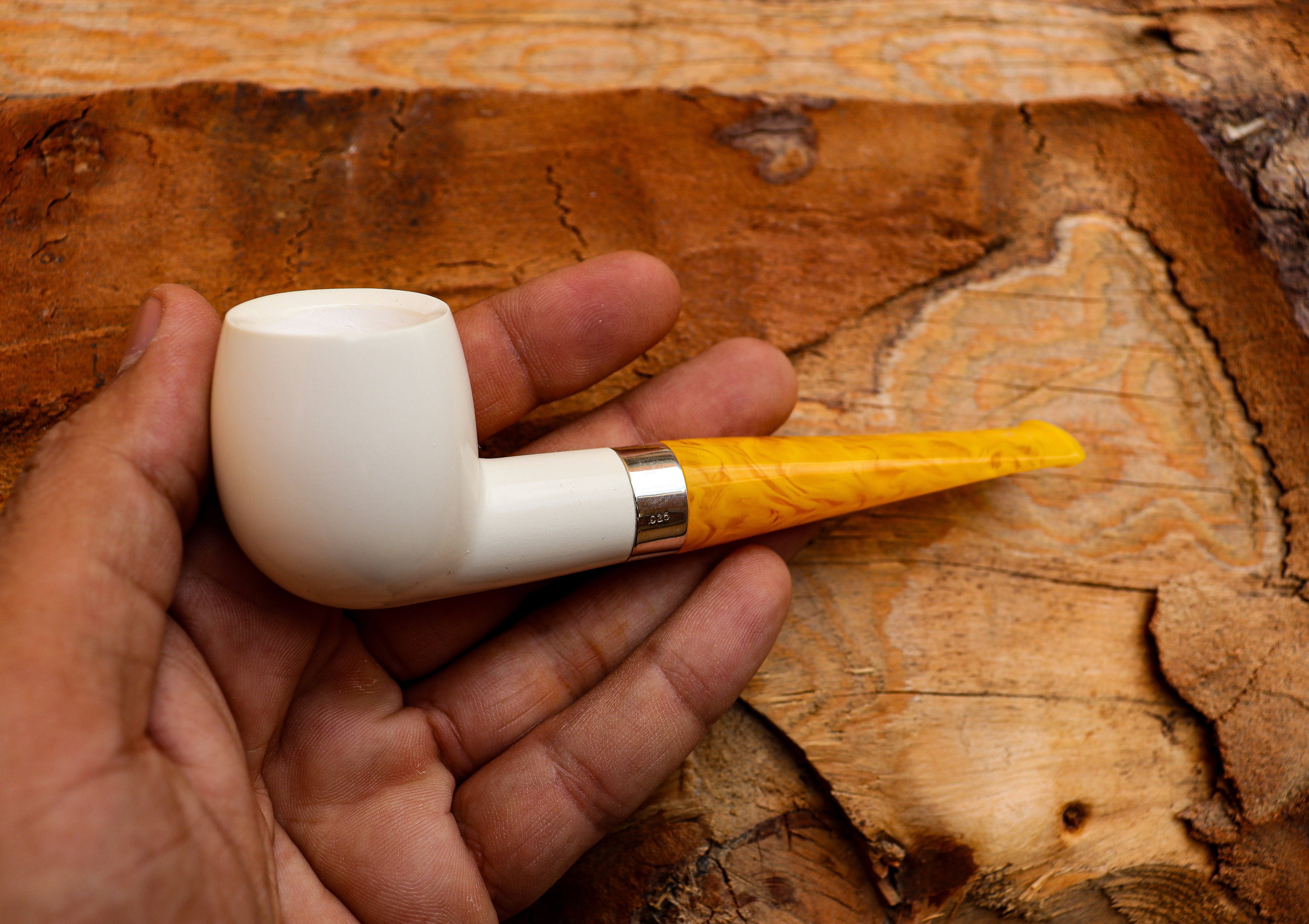 Handmade Astaş Meerschaum Pipes, Billard, Silver Ring, Smooth White, Fitted Case