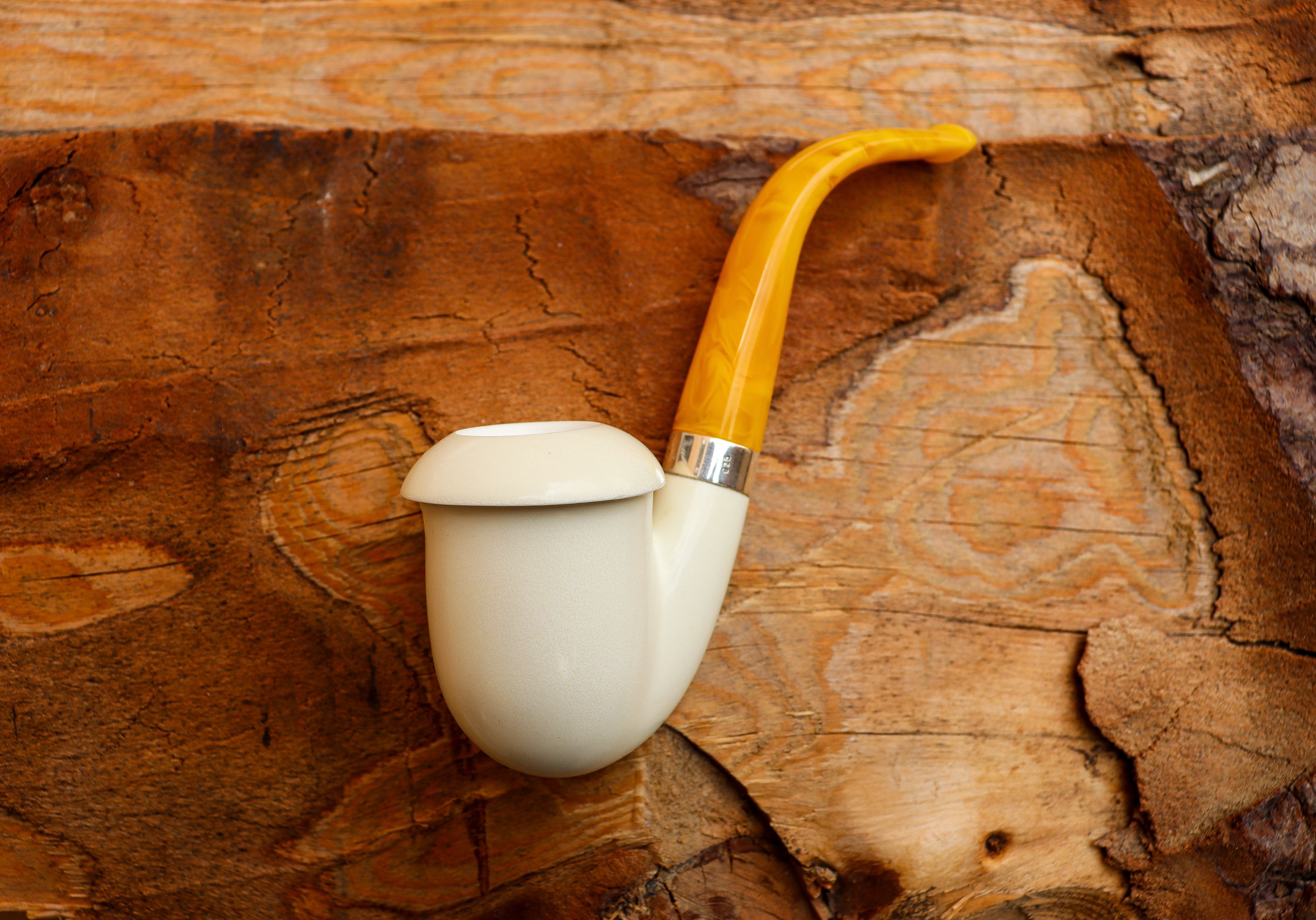 Handmade Calabash Meerschaum Pipes, Smooth White, Silver Ring, Large, Fitted Case,Astaş