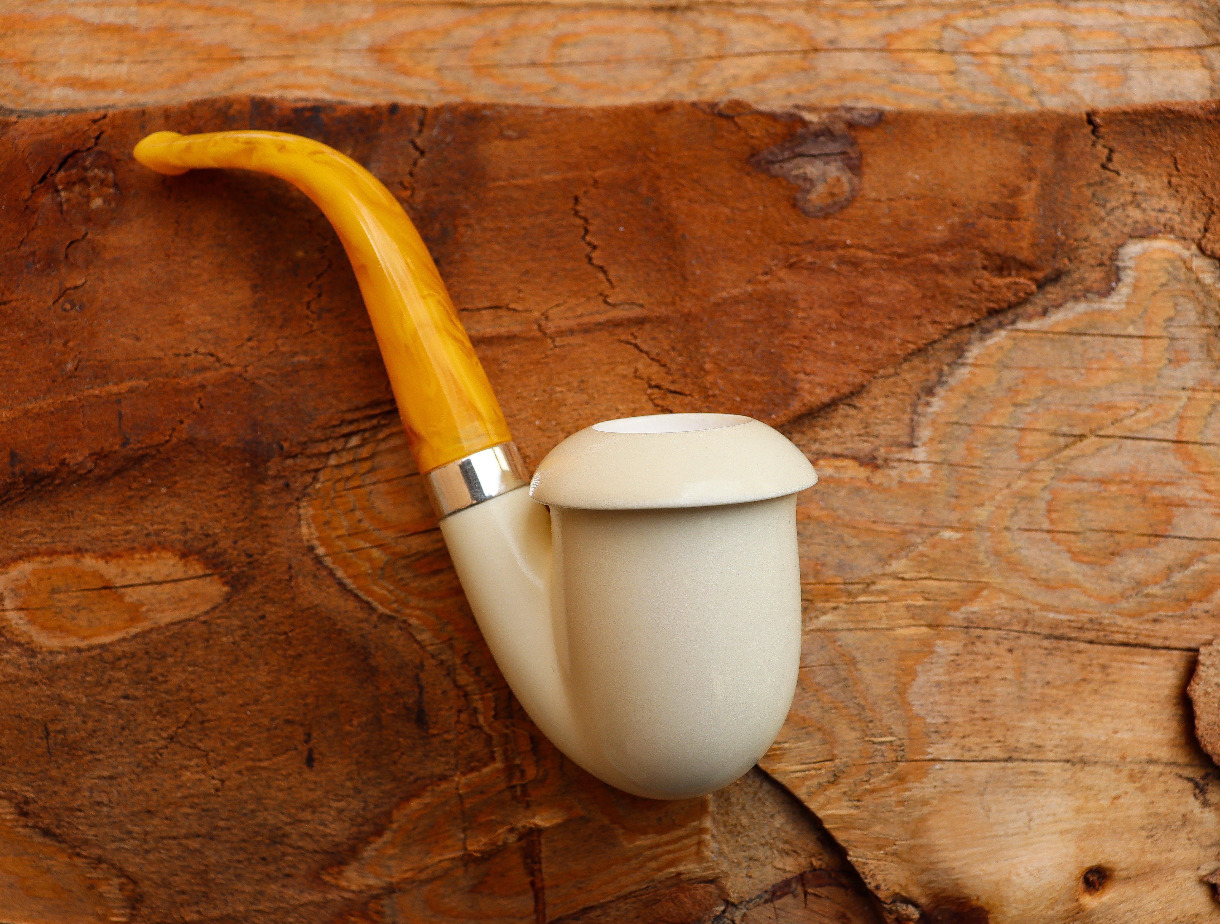 Handmade Calabash Meerschaum Pipes, Smooth White, Silver Ring, Large, Fitted Case,Astaş