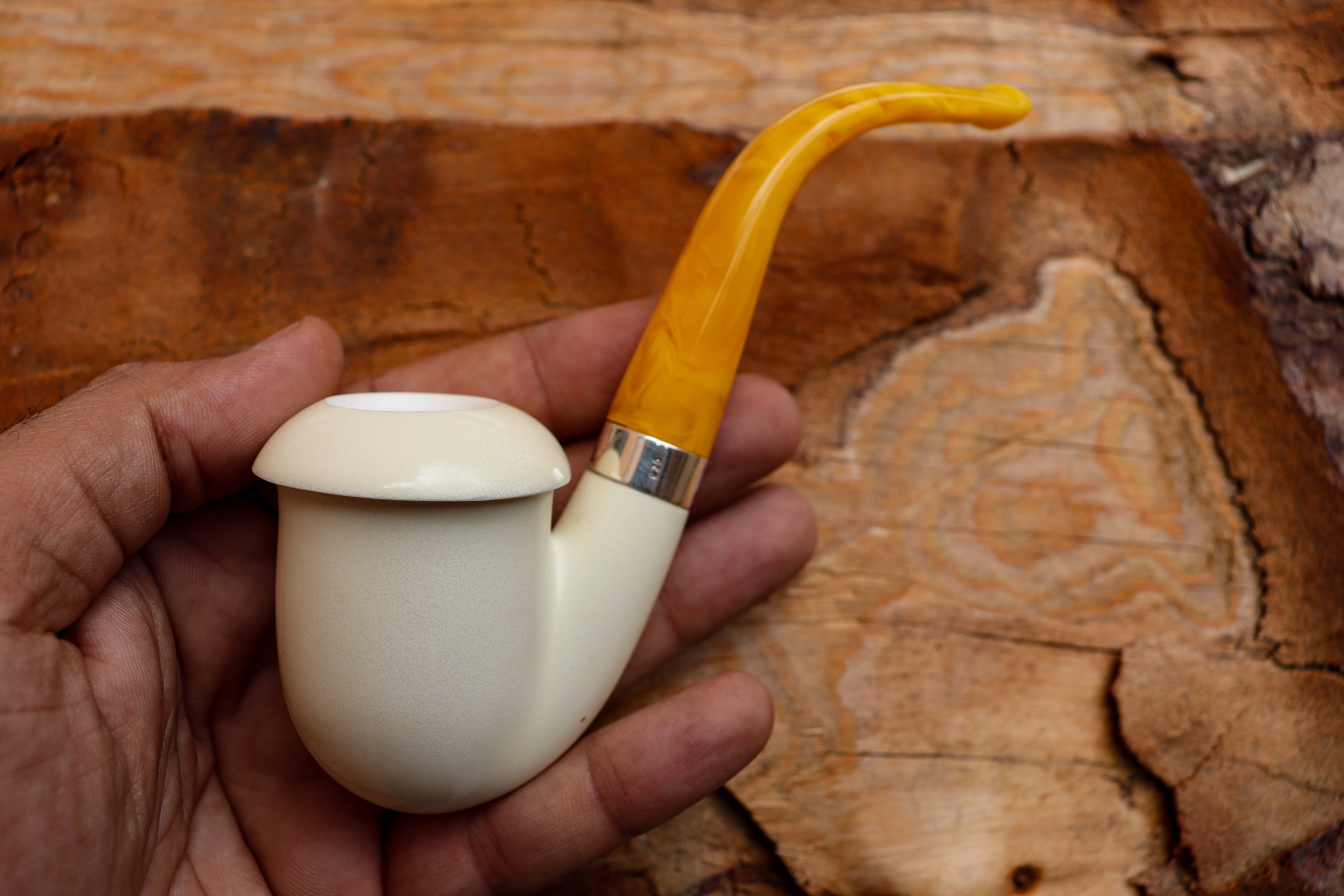 Handmade Calabash Meerschaum Pipes, Smooth White, Silver Ring, Large, Fitted Case,Astaş