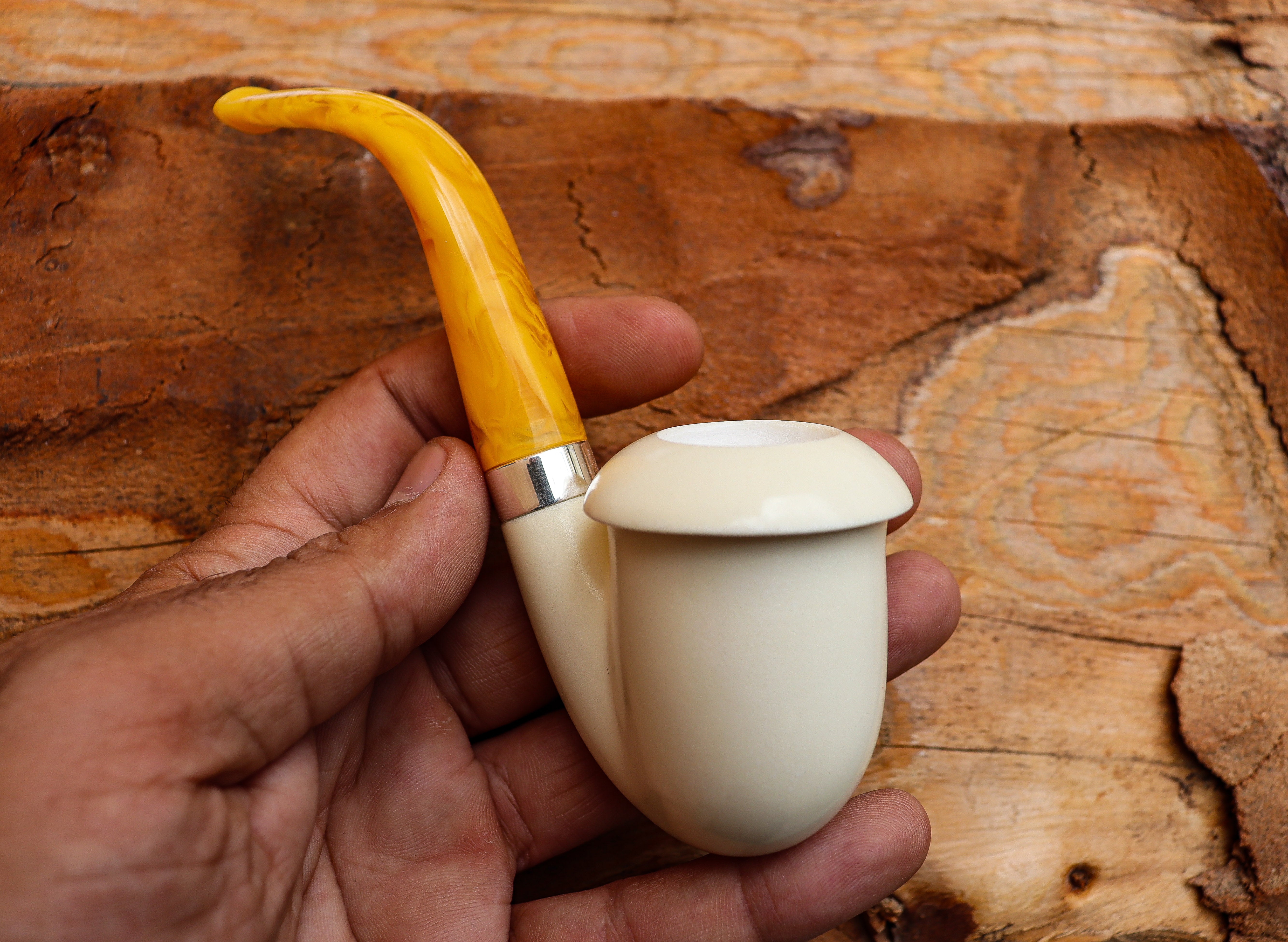 Handmade Calabash Meerschaum Pipes, Smooth White, Silver Ring, Large, Fitted Case,Astaş