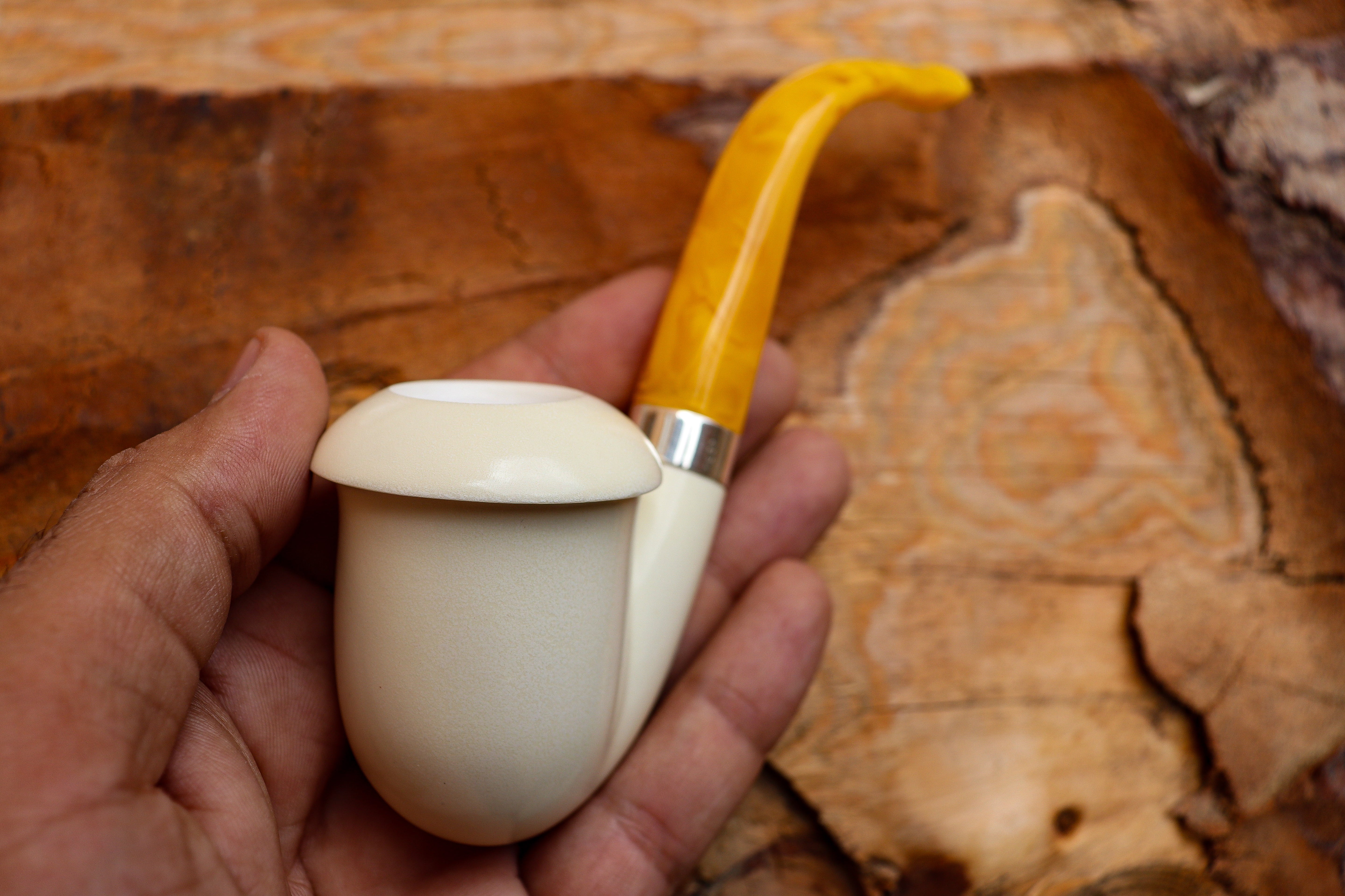 Handmade Calabash Meerschaum Pipes, Smooth White, Silver Ring, Large, Fitted Case,Astaş