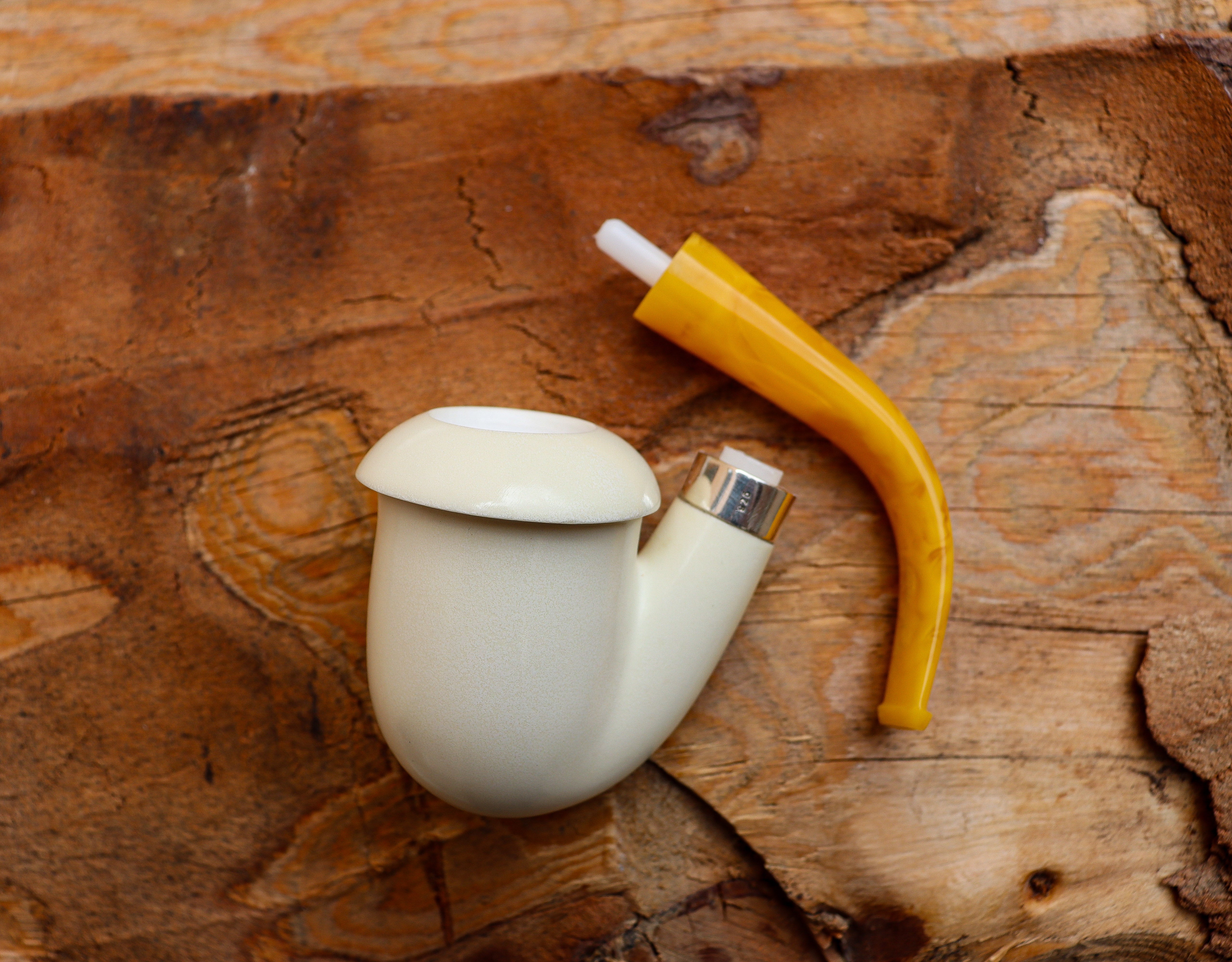 Handmade Calabash Meerschaum Pipes, Smooth White, Silver Ring, Large, Fitted Case,Astaş