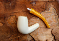 Half Bent Astaş Meerschaum Pipes, White, Large Size,Smooth Carved, With Fitted Case