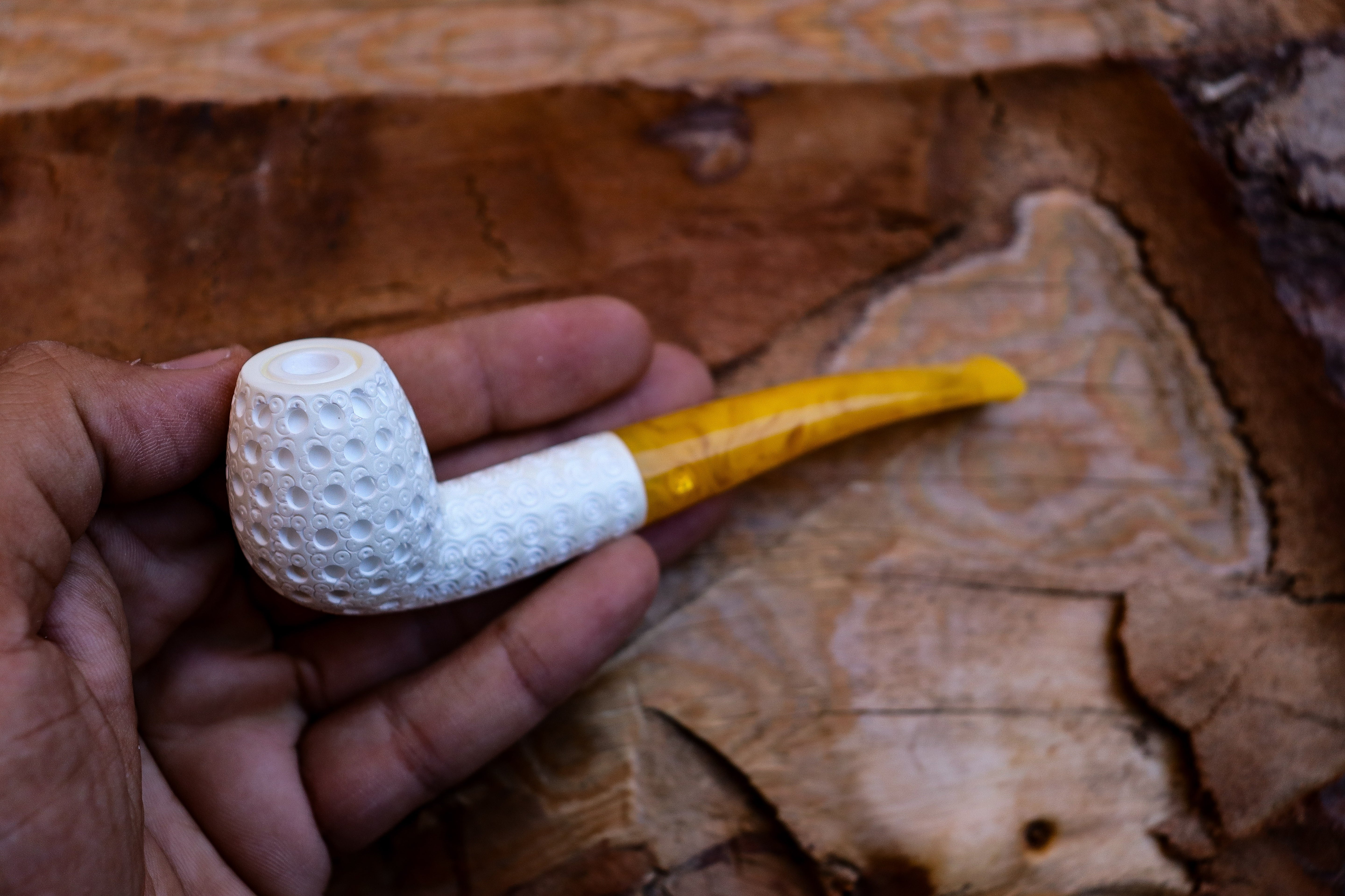 Handmade Cigarette Holder Meerschaum Pipes, Astaş, Apple, Lattice Carved, With Fitted Case