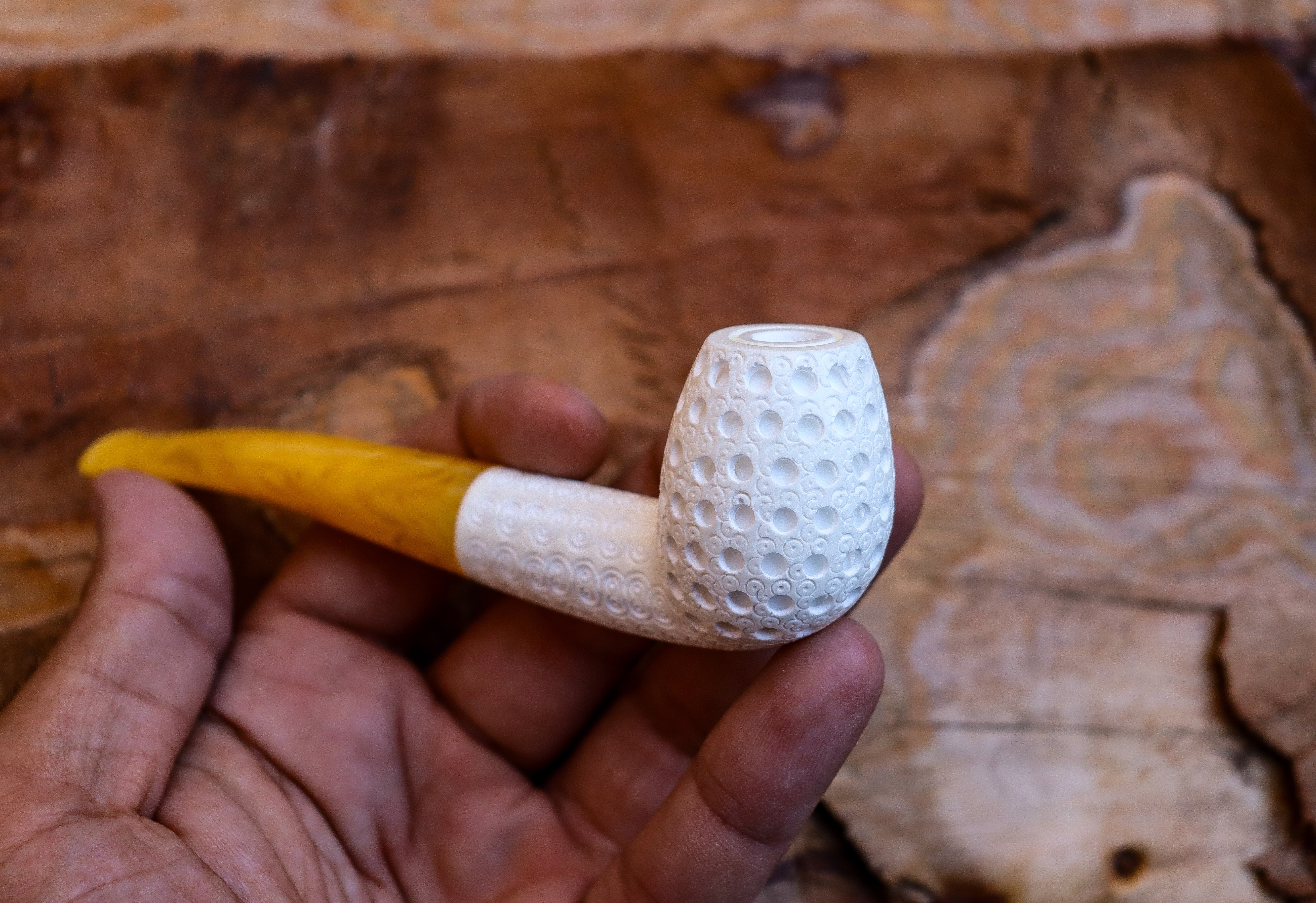 Handmade Cigarette Holder Meerschaum Pipes, Astaş, Apple, Lattice Carved, With Fitted Case
