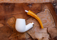 Handmade Half Bent Meerschaum Pipes, Astaş, Rustic Carved, Silver Ring, Large White, With Fitted Case