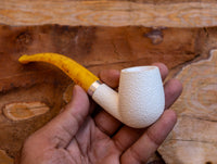 Handmade Half Bent Meerschaum Pipes, Astaş, Rustic Carved, Silver Ring, Large White, With Fitted Case