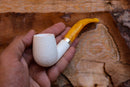 Handmade Half Bent Meerschaum Pipes, Astaş, Rustic Carved, Silver Ring, Large White, With Fitted Case