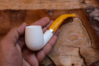 Handmade Half Bent Meerschaum Pipes, Astaş, Rustic Carved, Silver Ring, Large White, With Fitted Case