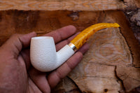 Handmade Half Bent Meerschaum Pipes, Astaş, Rustic Carved, Silver Ring, Large White, With Fitted Case
