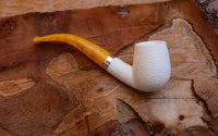 Handmade Half Bent Meerschaum Pipes, Astaş, Rustic Carved, Silver Ring, Large White, With Fitted Case
