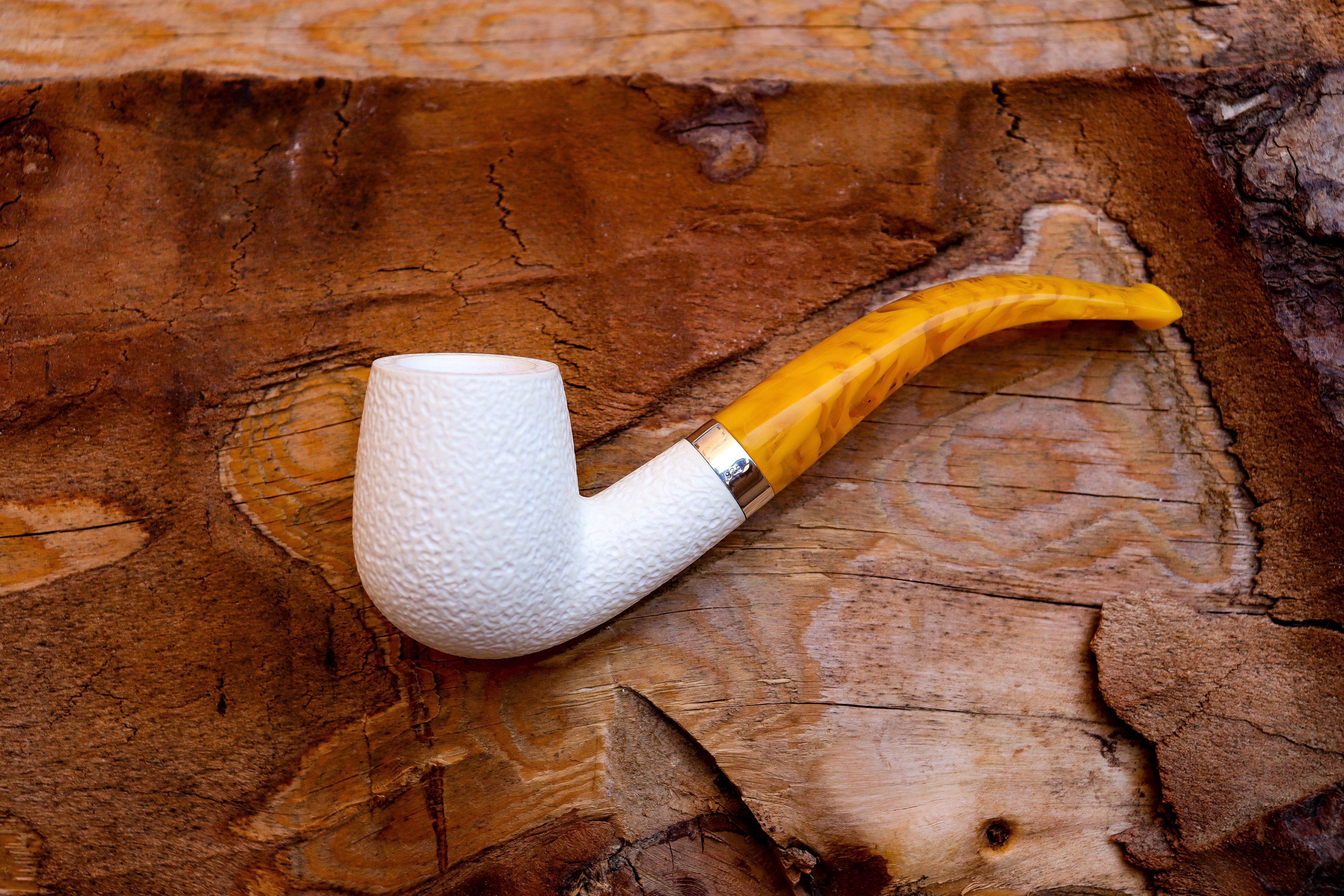 Handmade Half Bent Meerschaum Pipes, Astaş, Rustic Carved, Silver Ring, Large White, With Fitted Case