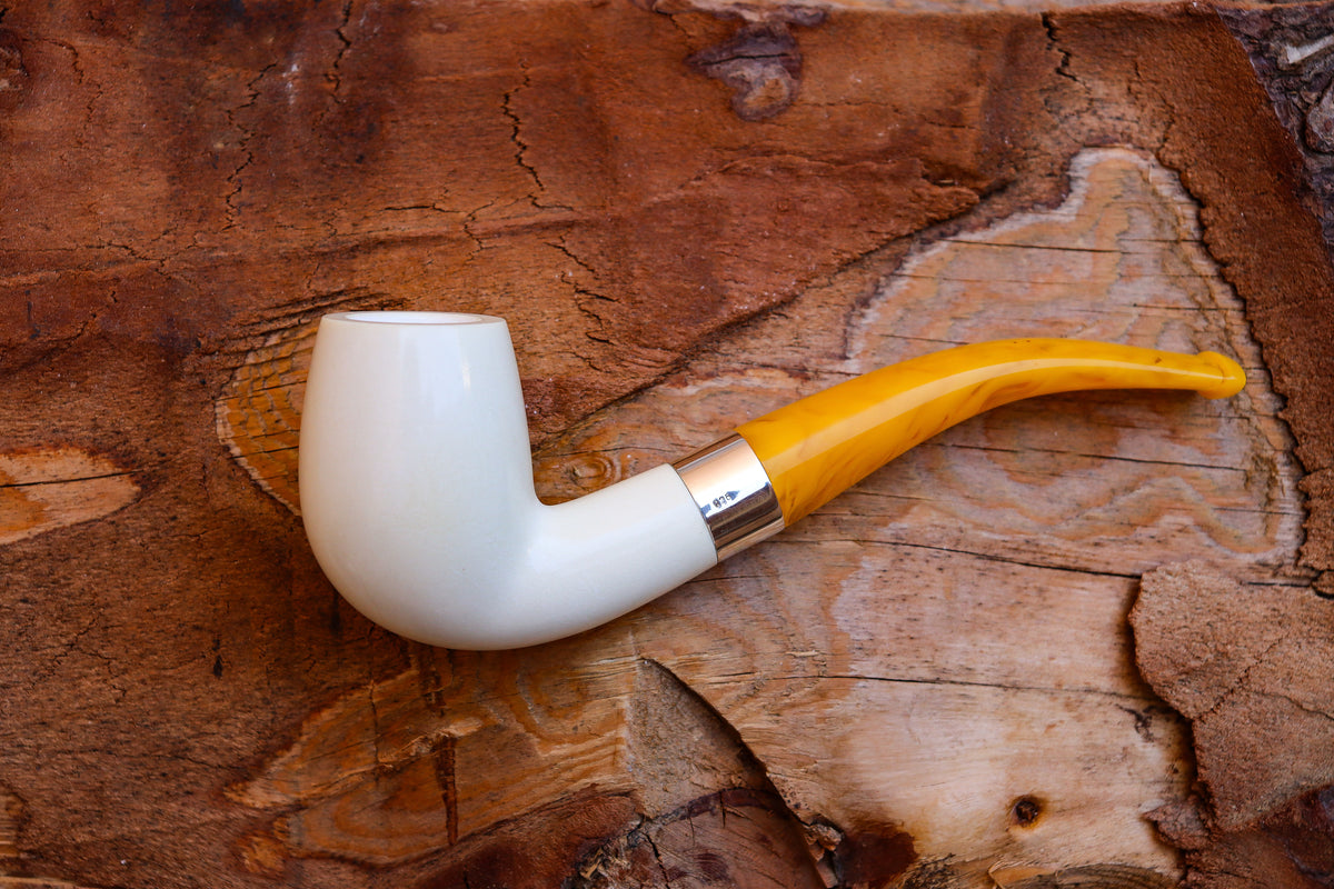 Handmade Astaş Meerschaum Pipes, Half Bent, Silver Ring, Extra Large, Smooth Carved, With Fitted Case