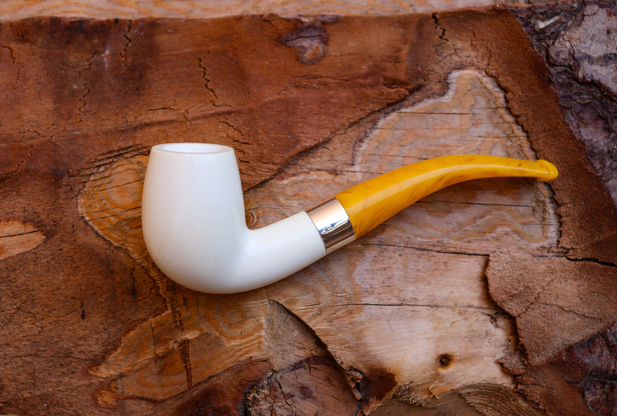 Handmade Astaş Meerschaum Pipes, Half Bent, Silver Ring, Extra Large, Smooth Carved, With Fitted Case