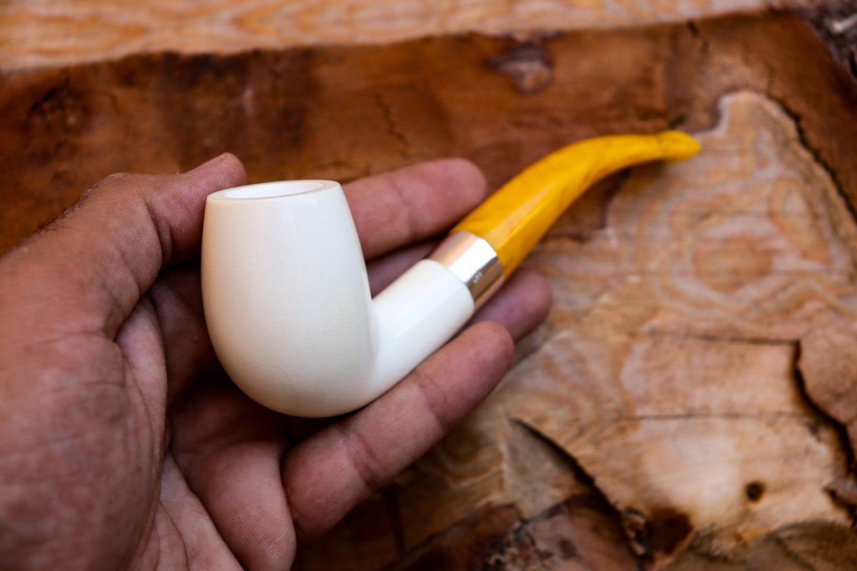 Handmade Astaş Meerschaum Pipes, Half Bent, Silver Ring, Extra Large, Smooth Carved, With Fitted Case