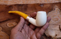 Handmade Astaş Meerschaum Pipes, Half Bent, Silver Ring, Extra Large, Smooth Carved, With Fitted Case